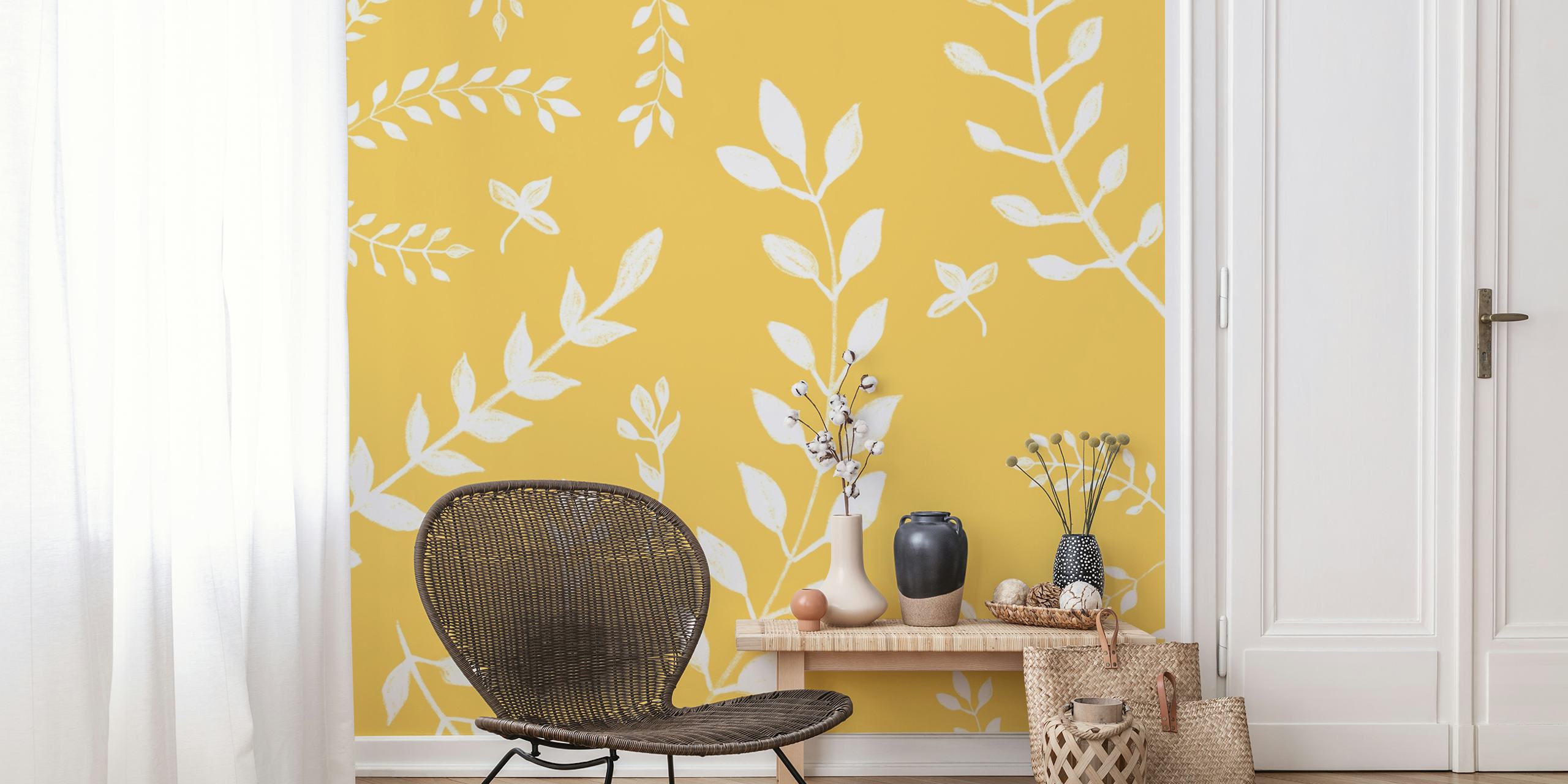 White leaves pattern on yellow background wallpaper