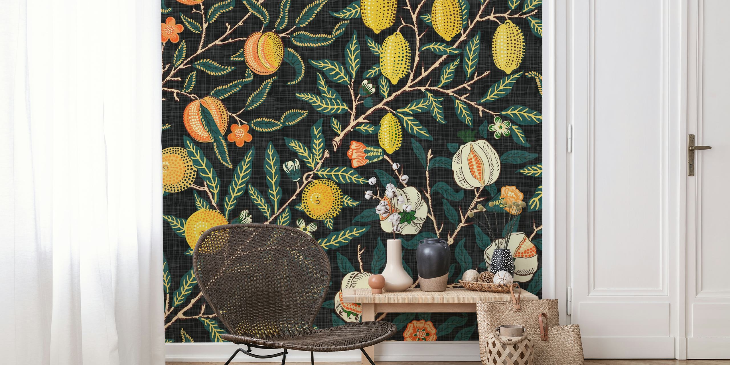 Vibrant floral pattern with pomegranates and blossoms on black wallpaper