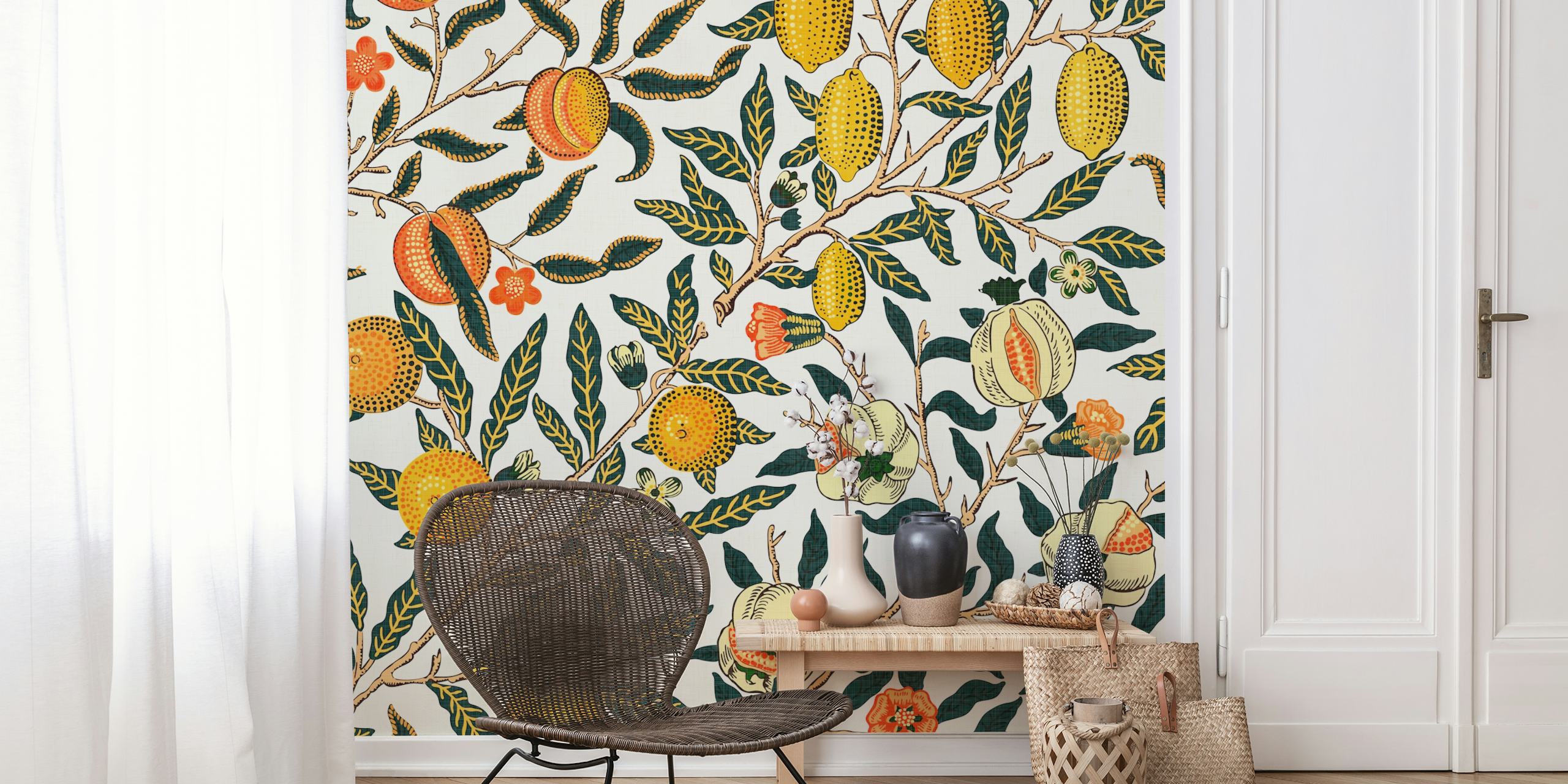 Pomegranate fruit and floral pattern on white wallpaper