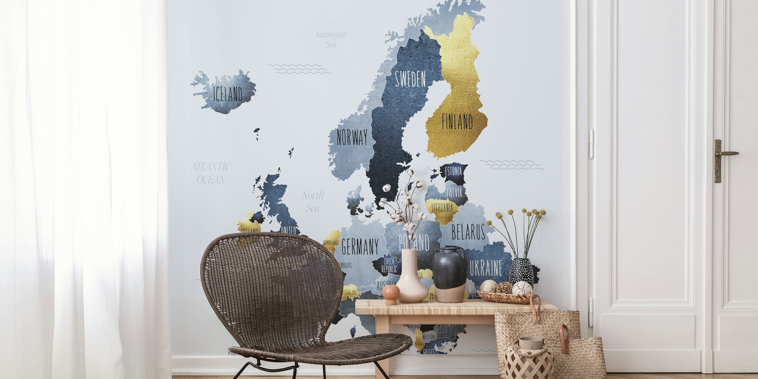 Wallpaper featuring a blue and gold Europe map