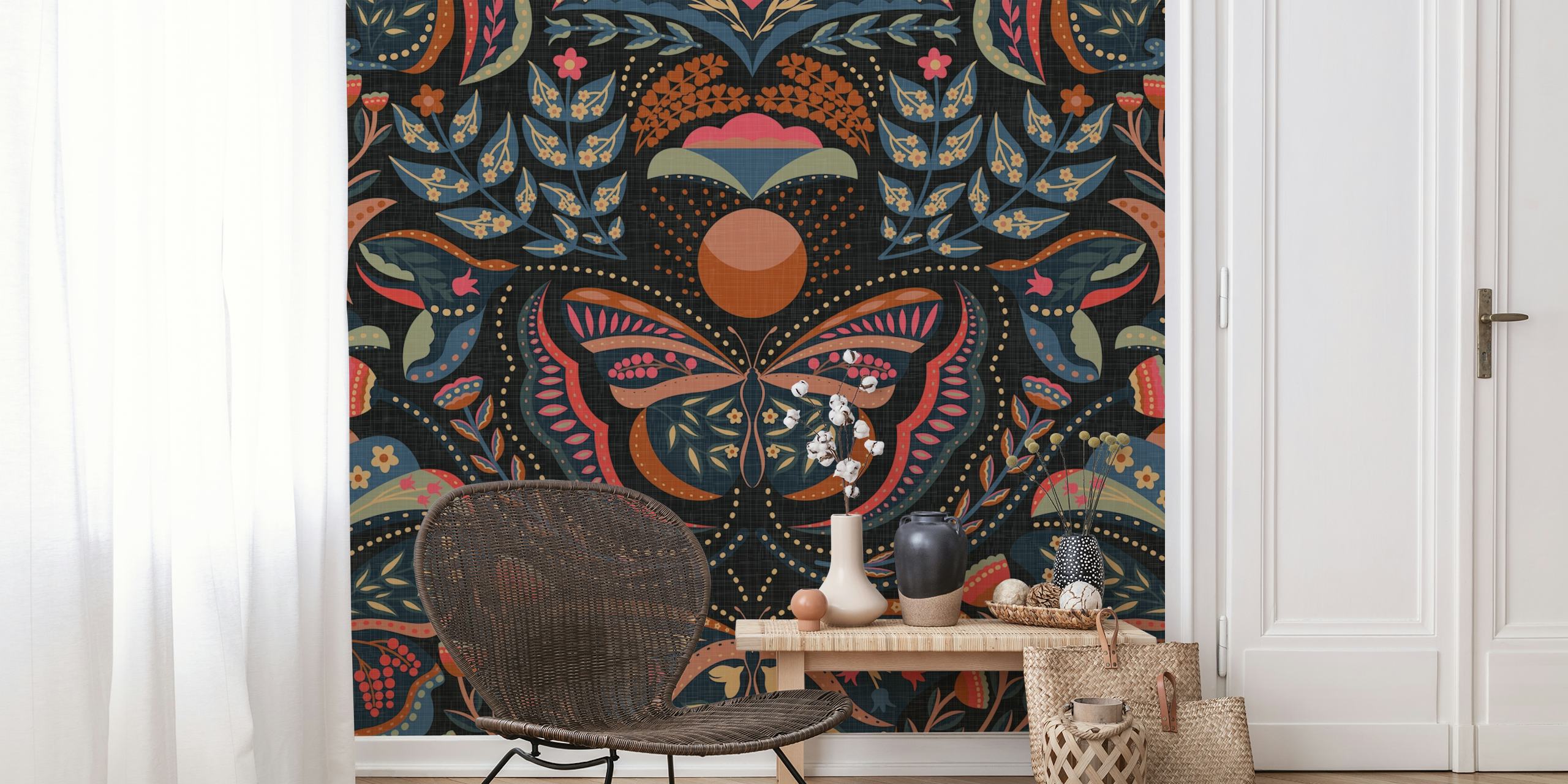 Bohemian butterflies and flowers wallpaper design