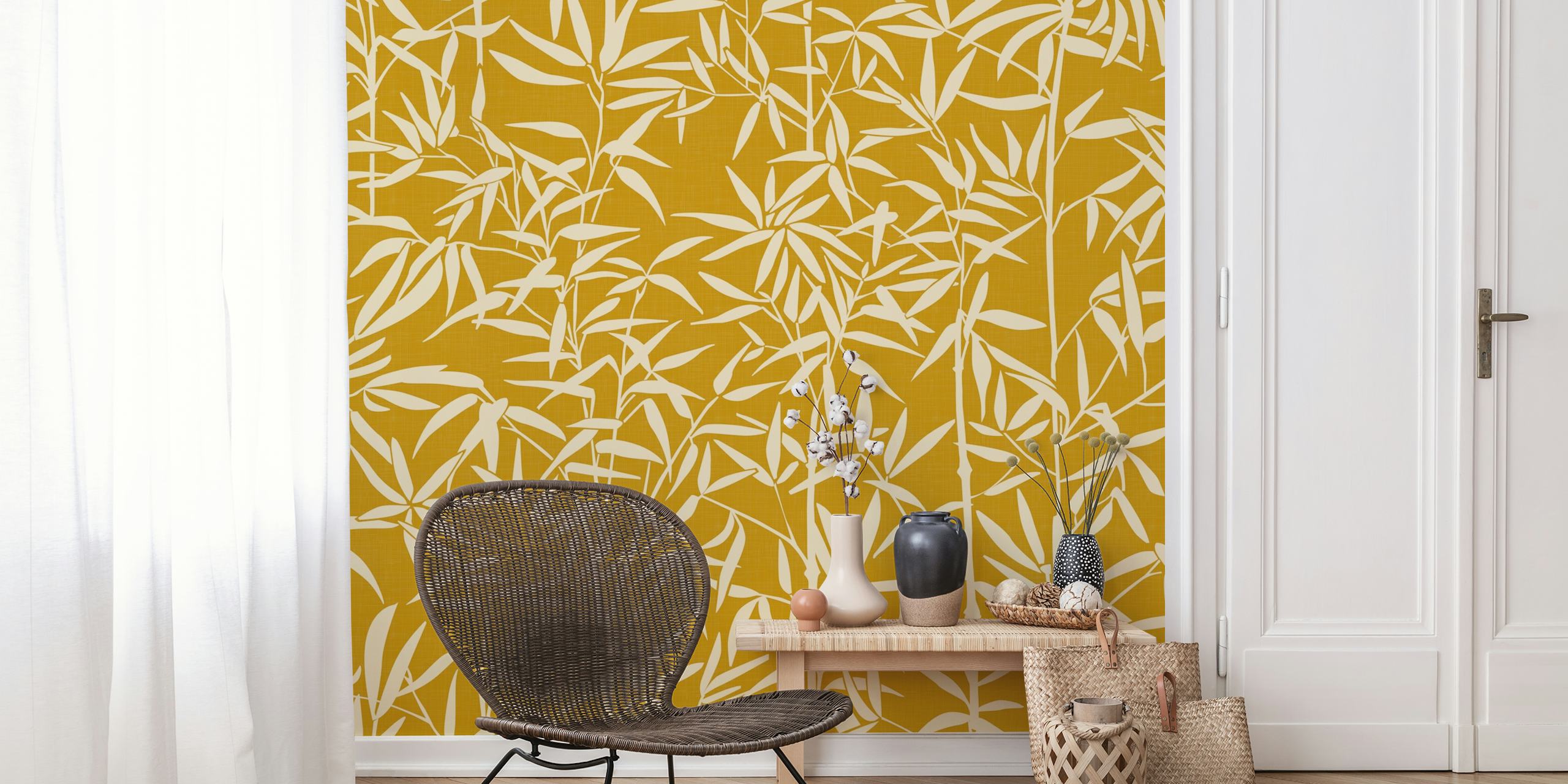 Bamboo leaves on marigold yellow background wallpaper