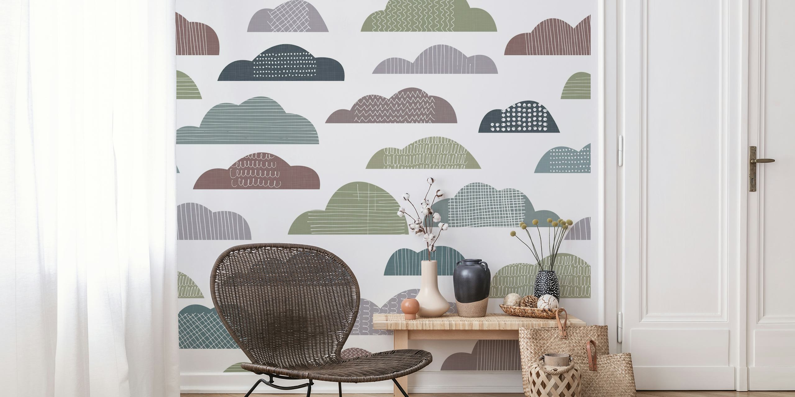 Mid Century Modern Clouds Muted WM em um quarto