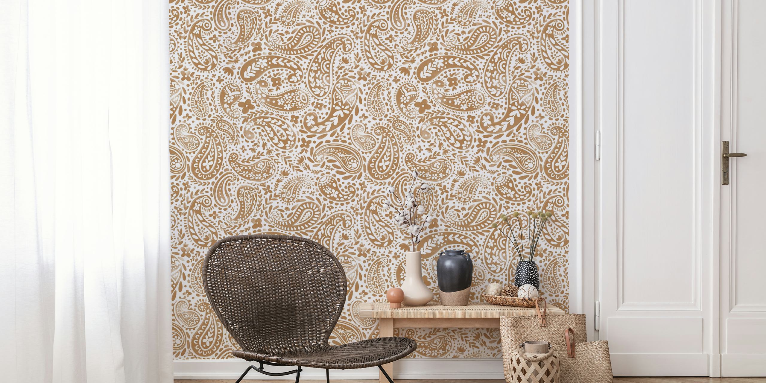 Intricate paisley pattern in warm brown and white wallpaper