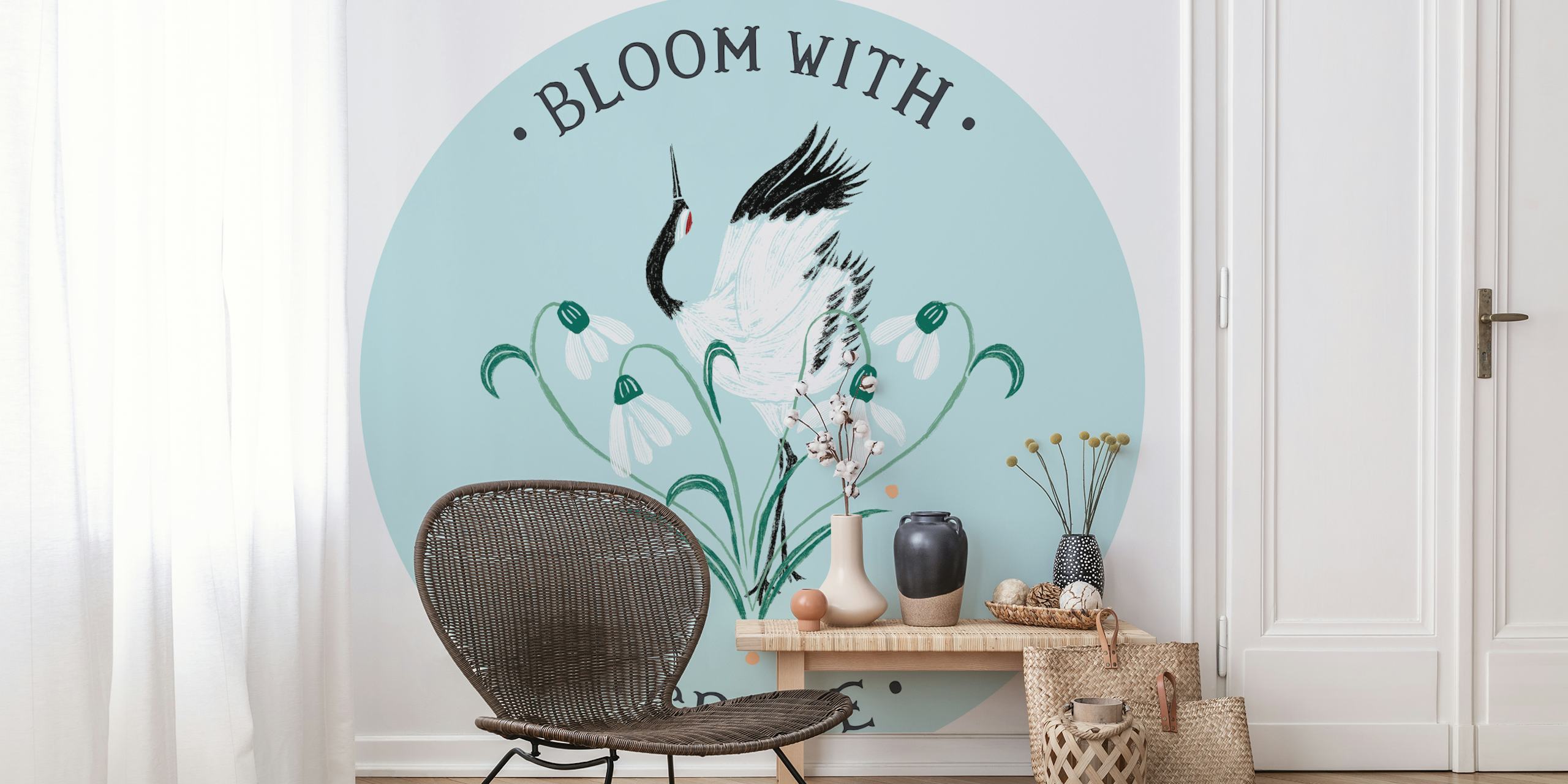 Bloom with grace crane and flowers wallpaper design
