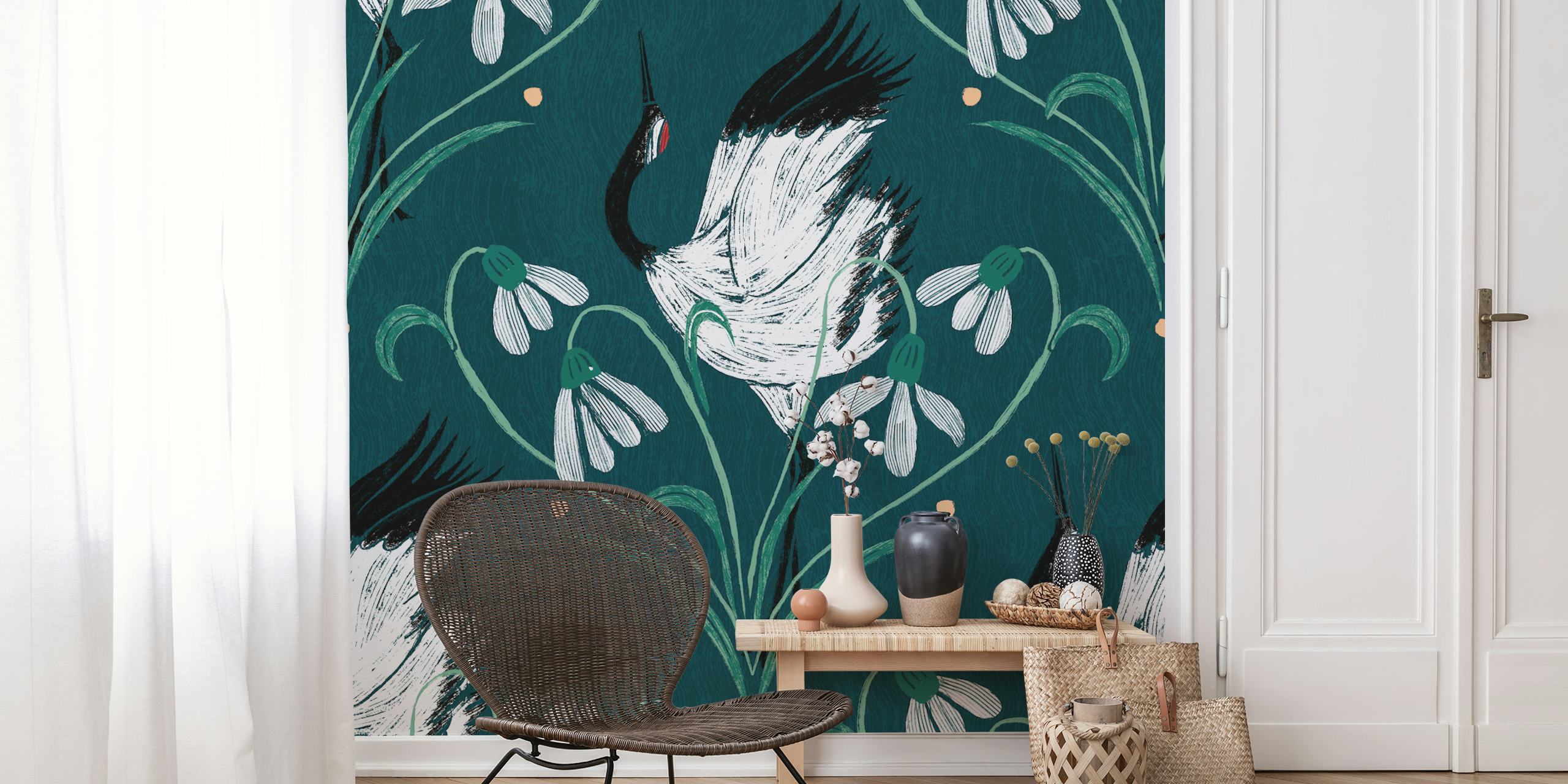 Cranes and floral wallpaper in a room