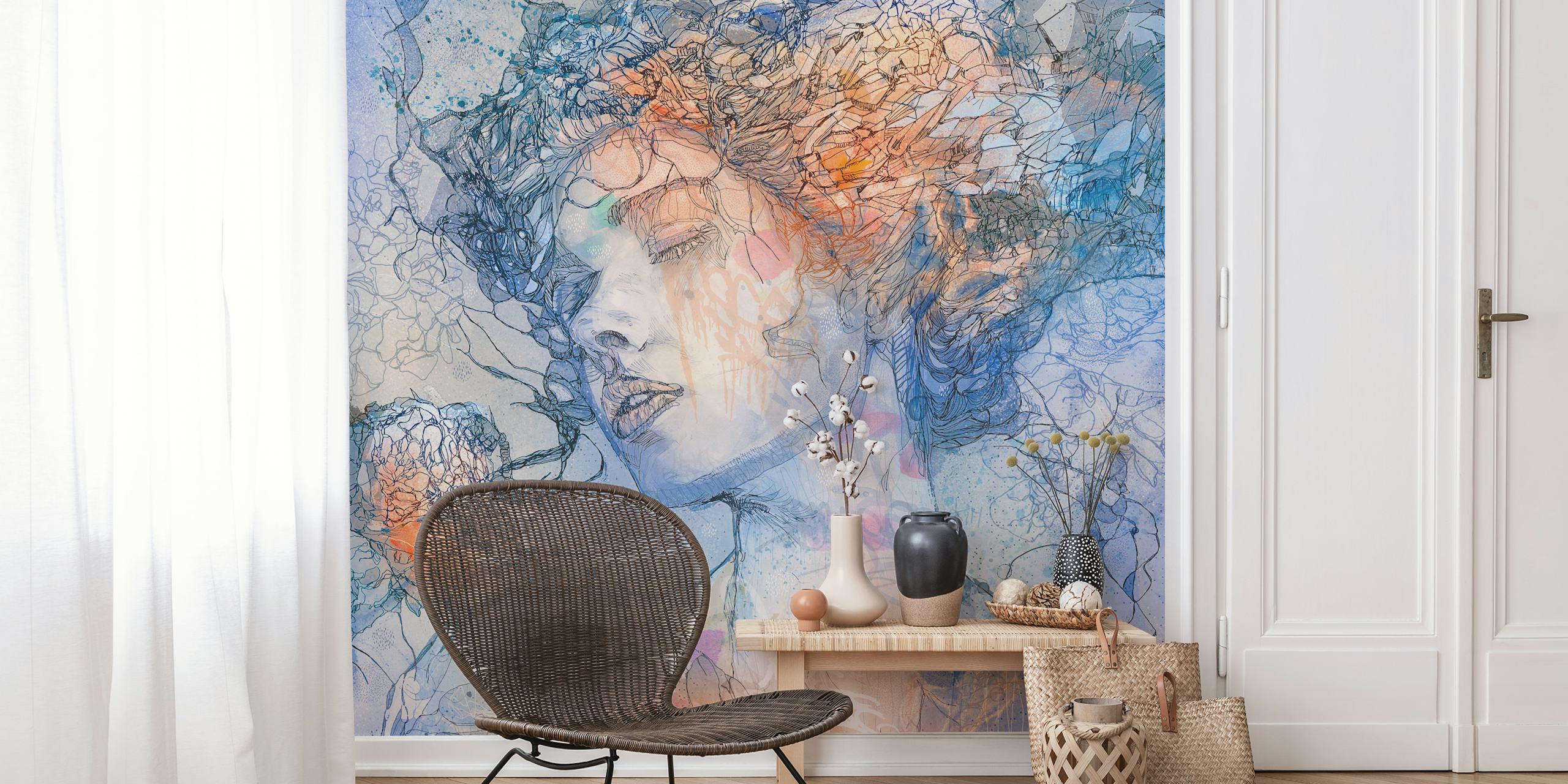 Floral patterns with blue, pink, and abstract detailing wallpaper