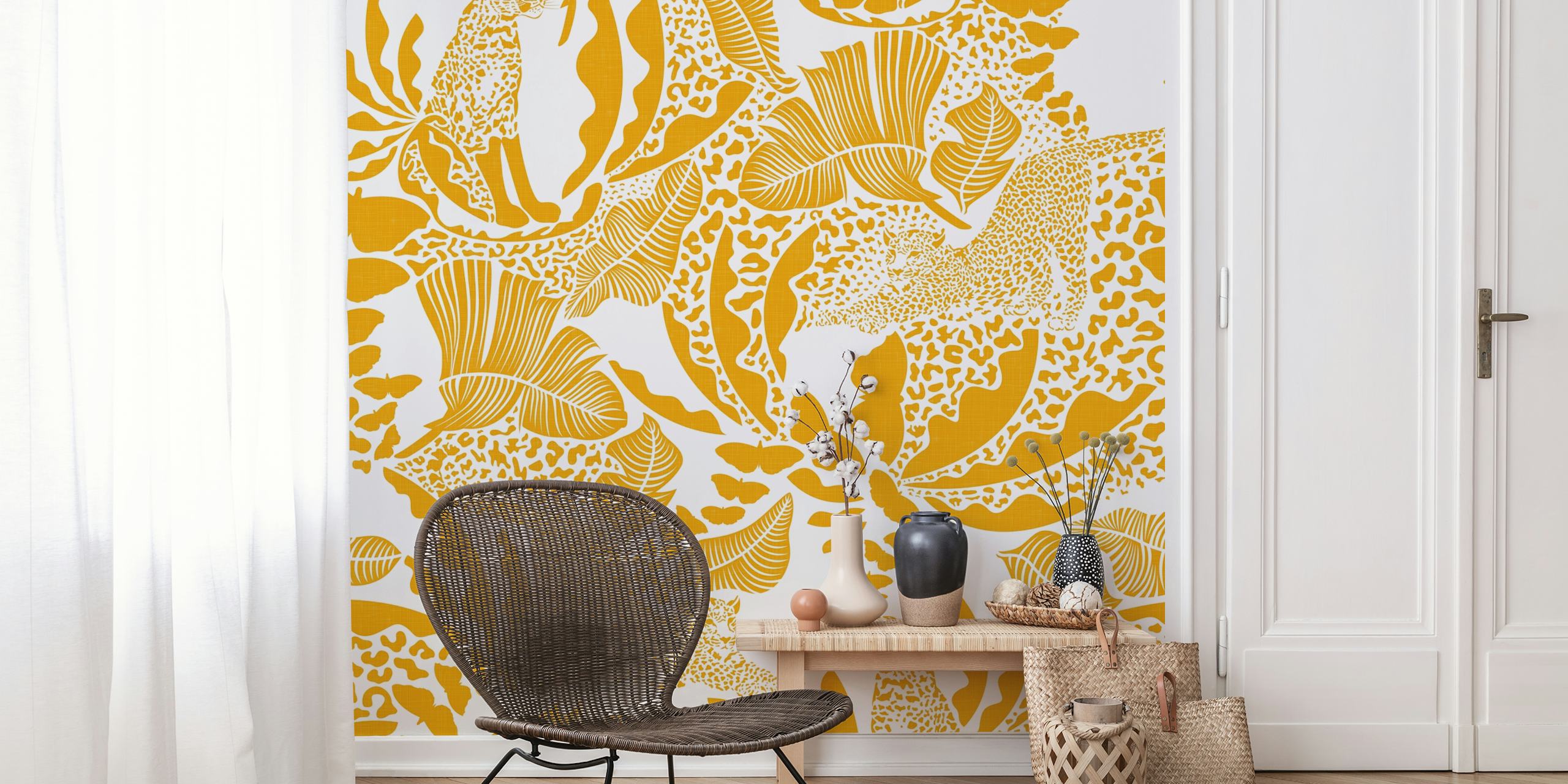 Exotic tropical jungle wallpaper in bright yellow