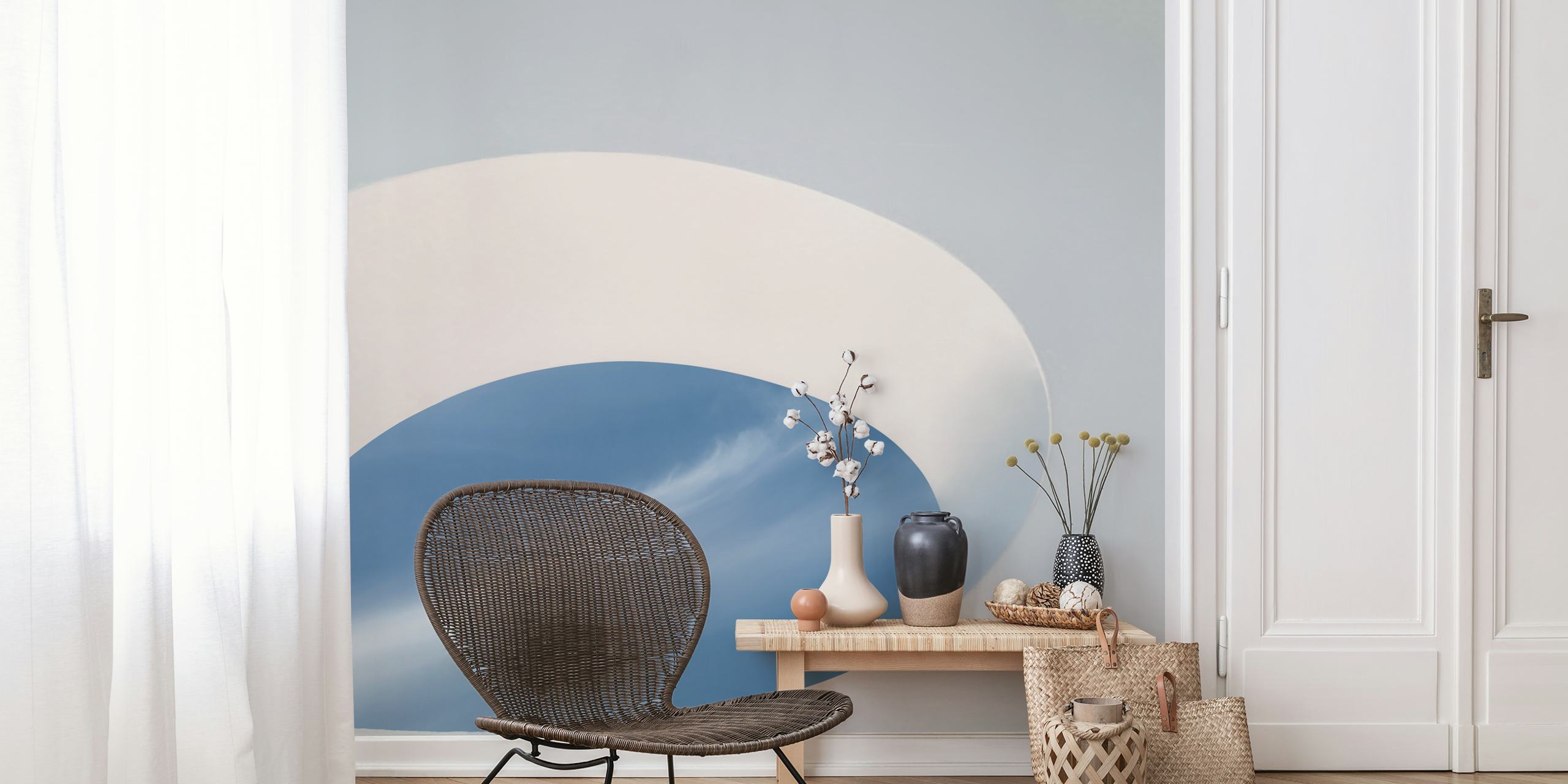 Abstract sky view mural through an oval shape