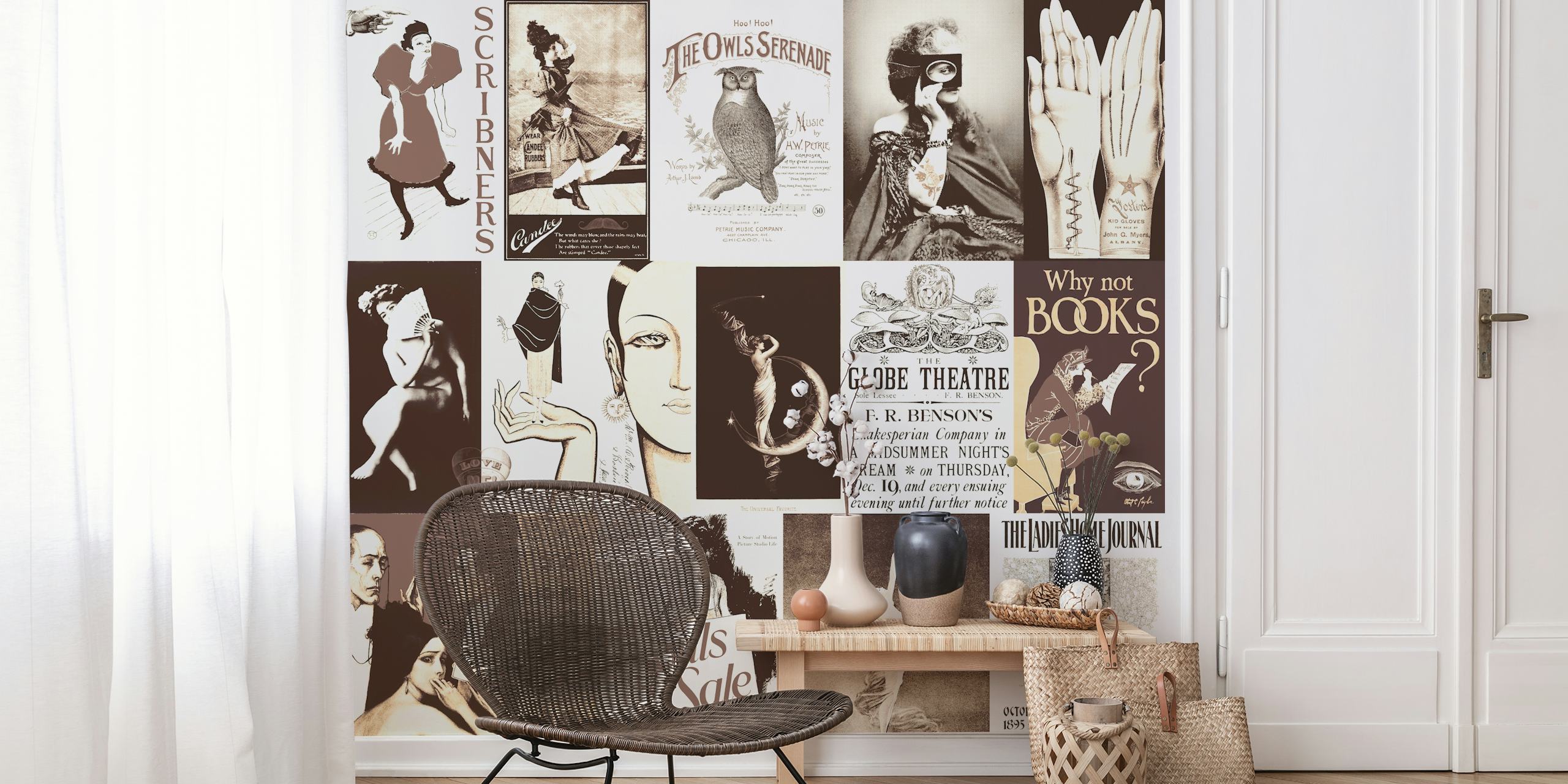 Vintage Art & Adds Mix Sepia Brown wallpaper in room