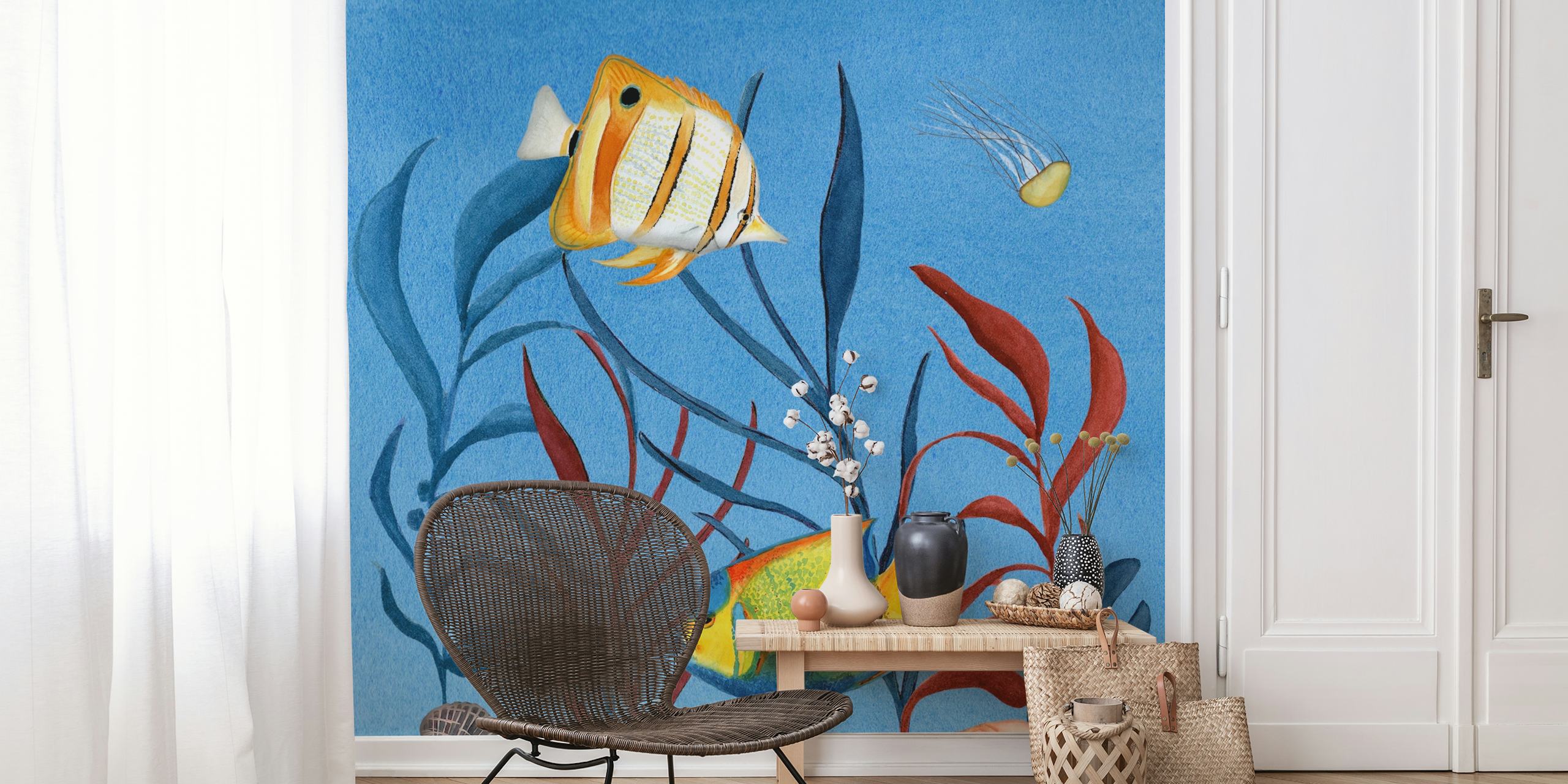 Colorful fish and seaweed pattern on blue background wallpaper