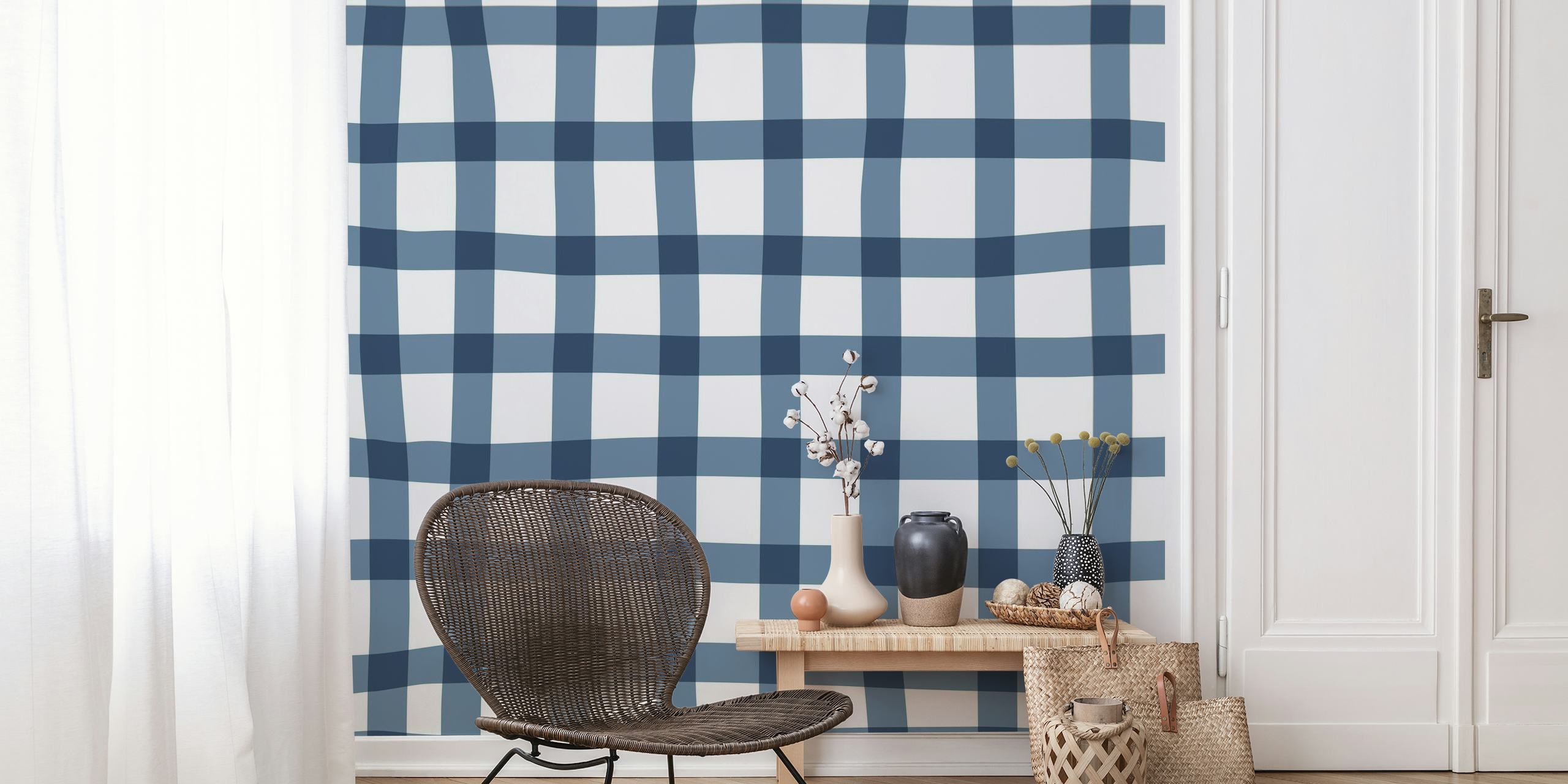 Wonky Check Blue and White behang