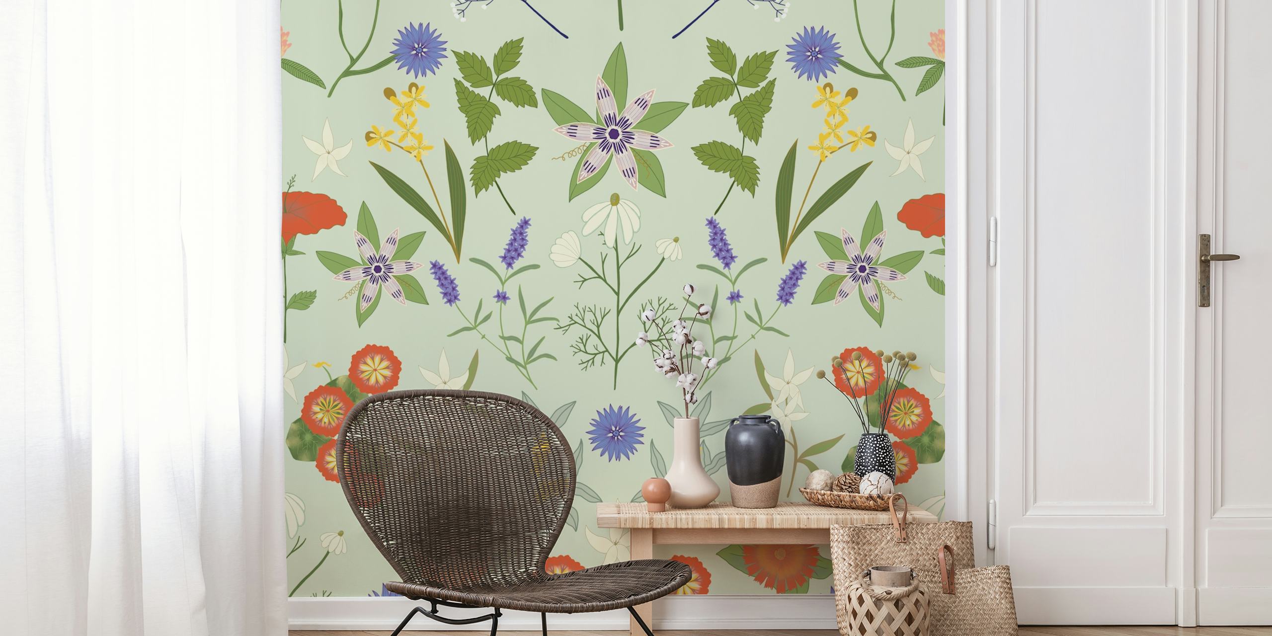 Colorful floral patterns on soft green background wallpaper