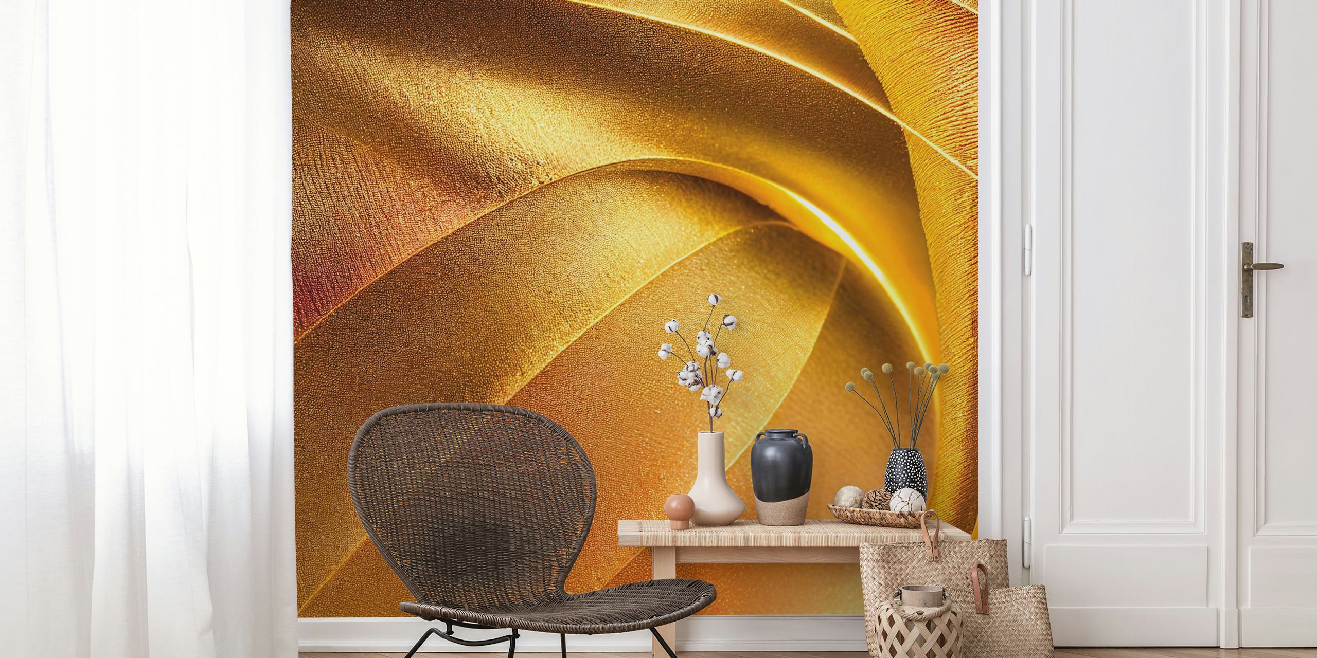 Curved, golden satin texture wallpaper with rich tones