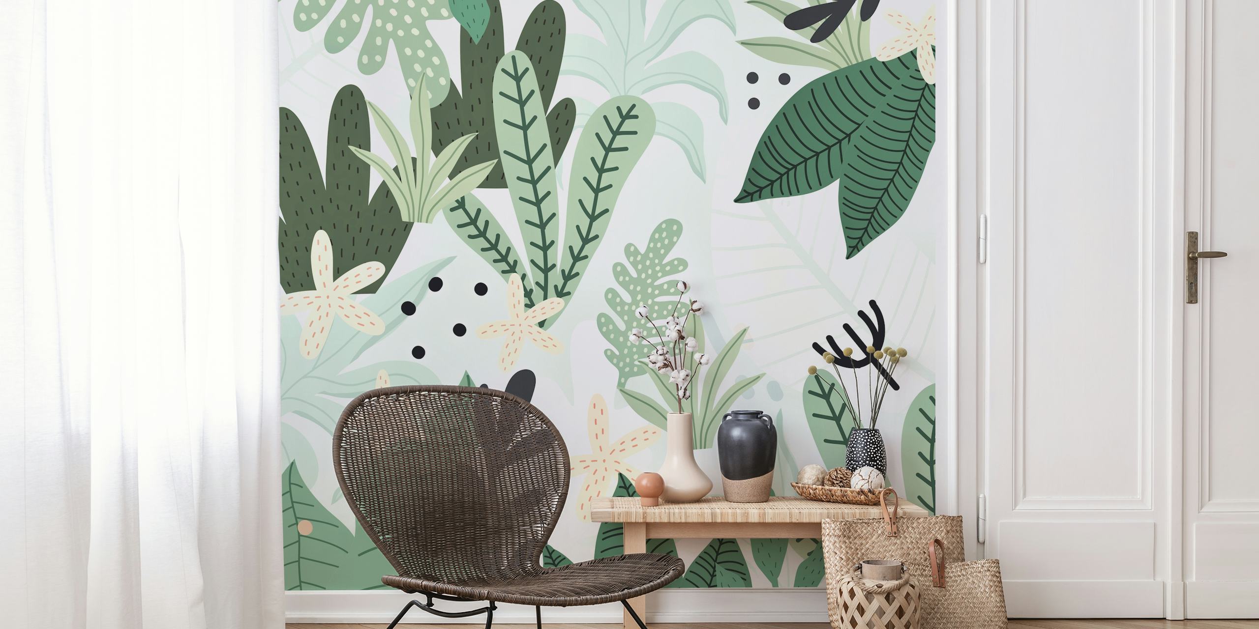Tropical green leaves and flowers in light colors wallpaper