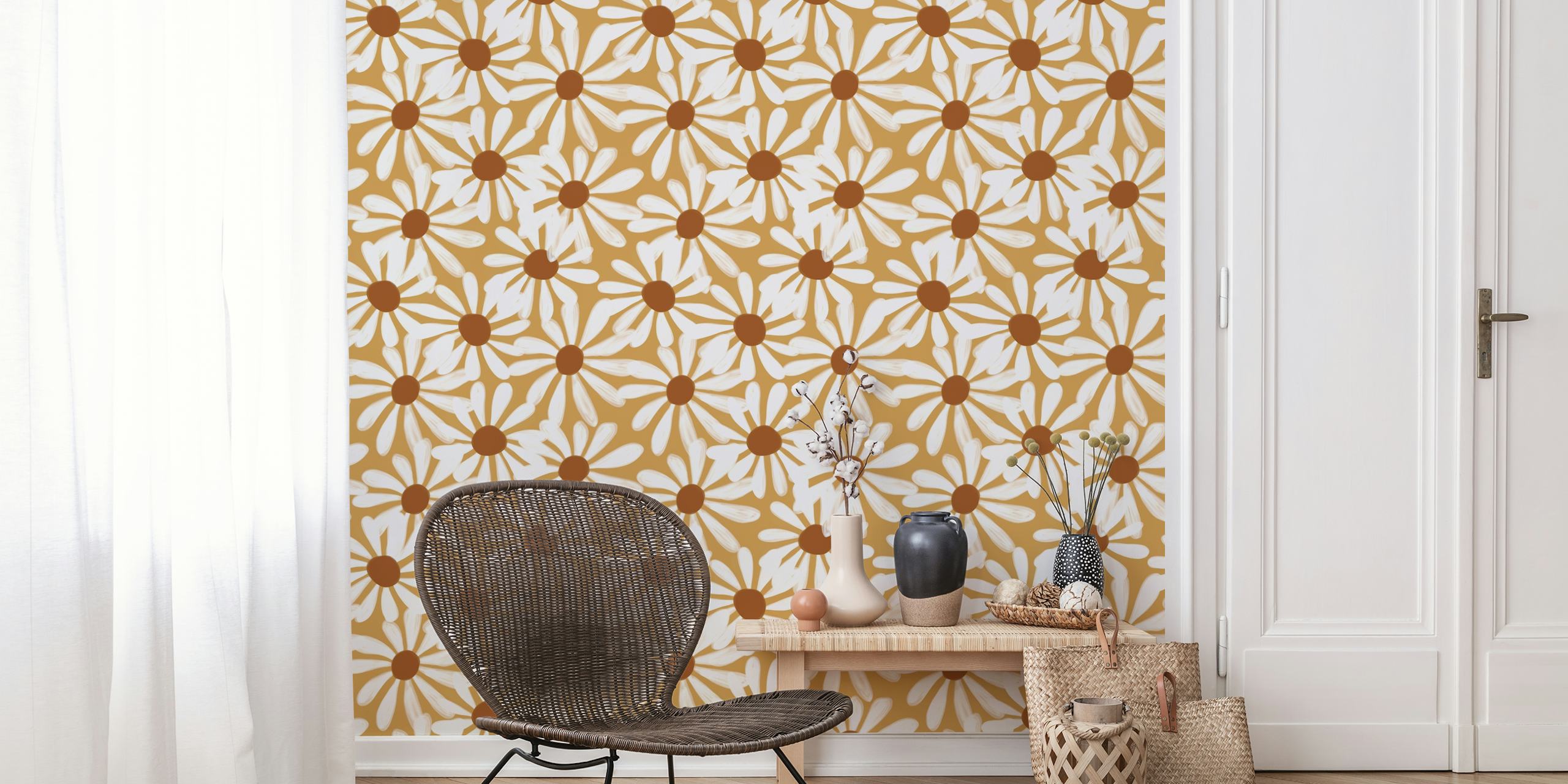Daisy pattern in white and brown on a yellow background wallpaper
