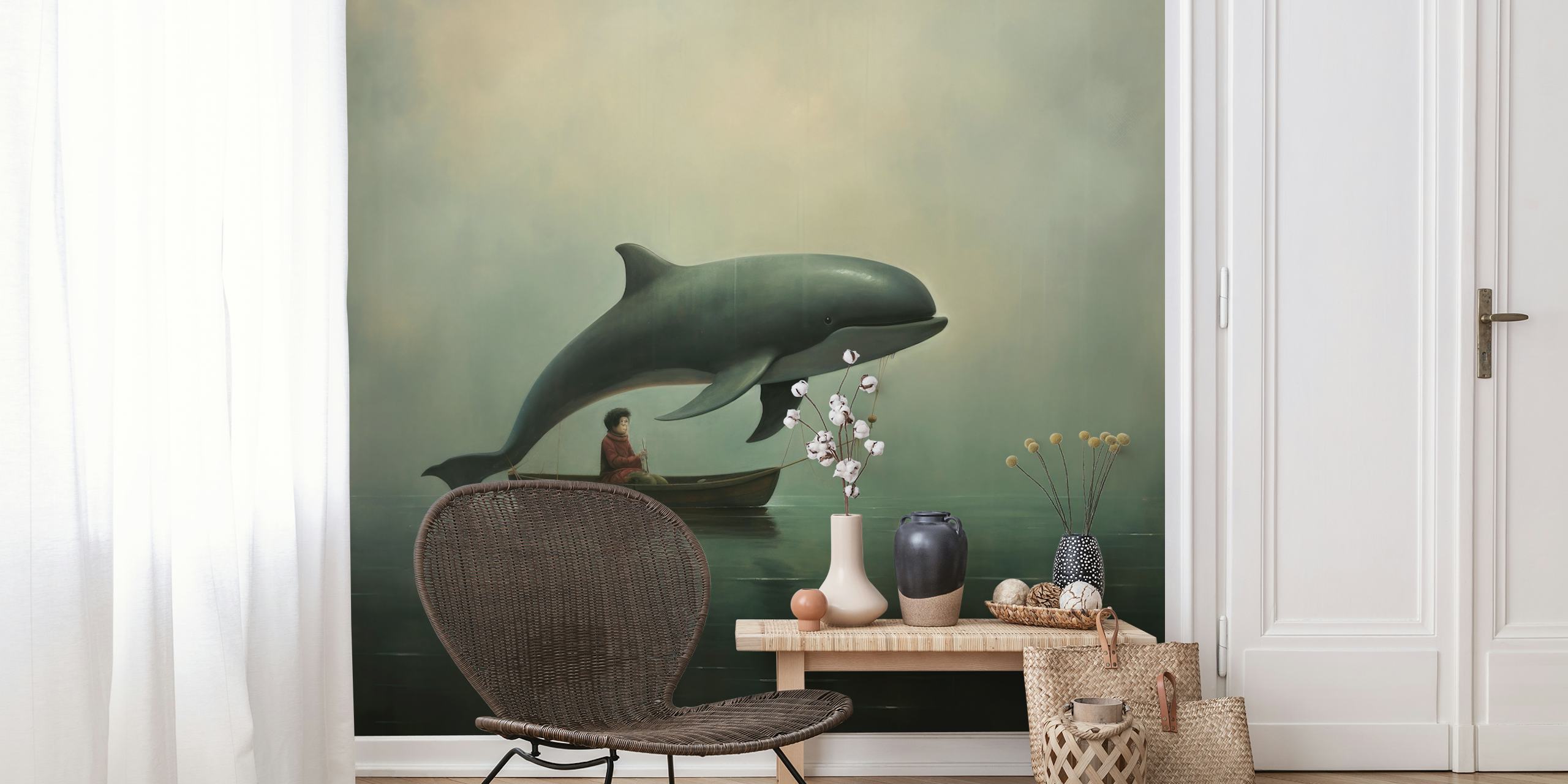 Dolphin leaping above a small boat with a person, muted colors, minimalist wallpaper
