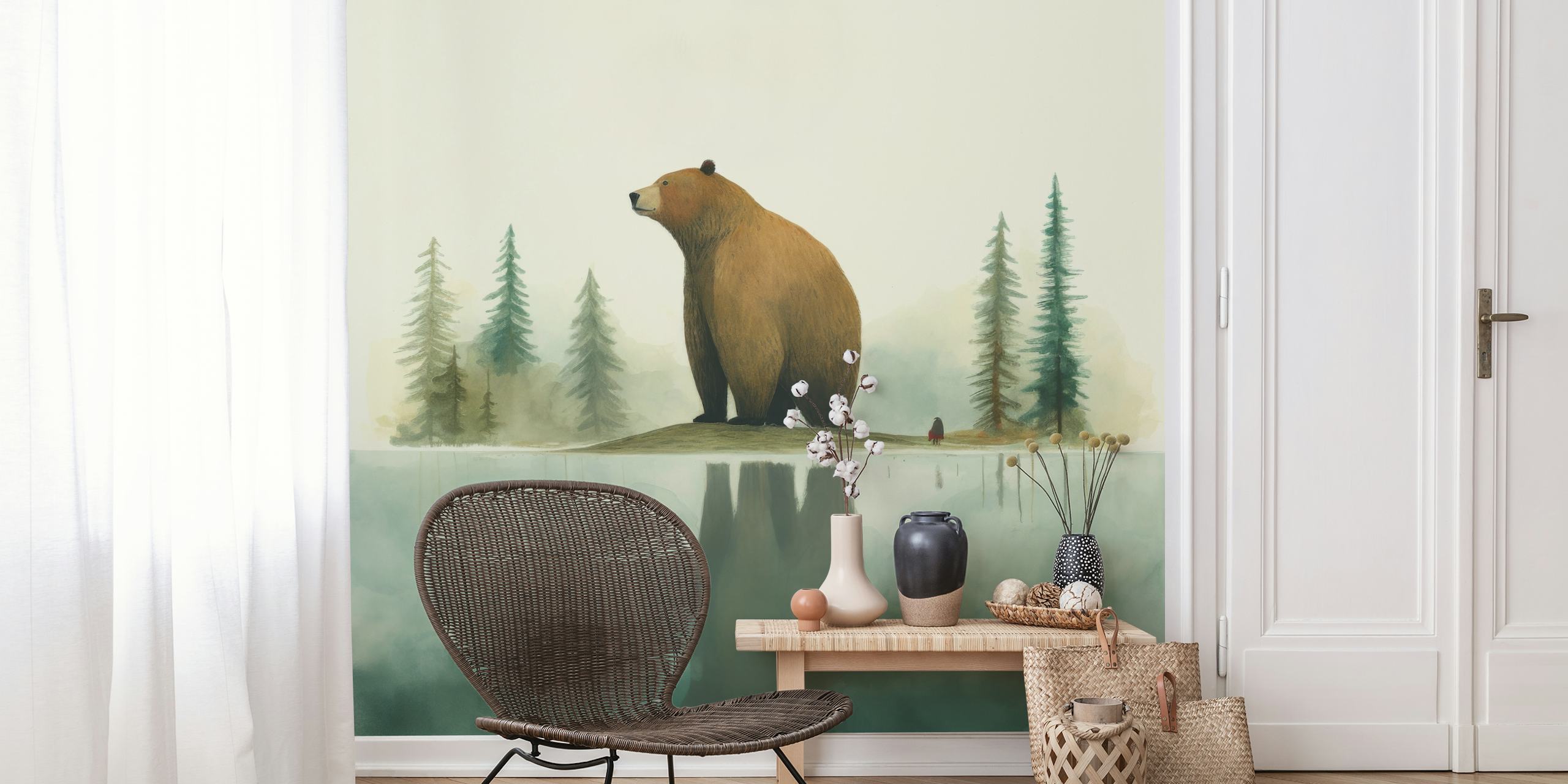 Large grizzly bear near water with reflection, trees wallpaper