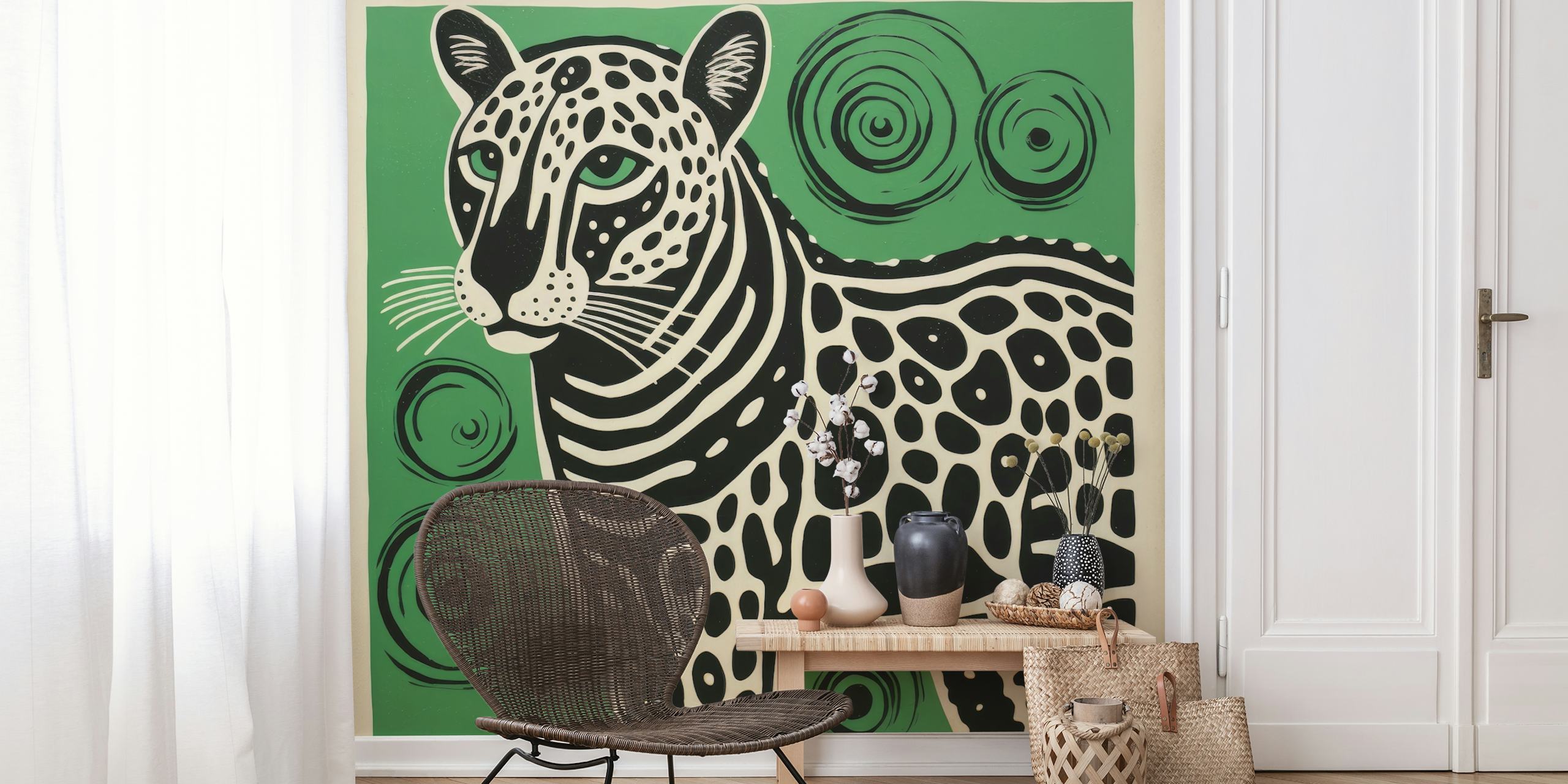 Folk Art Cheetah papel de parede em um quarto