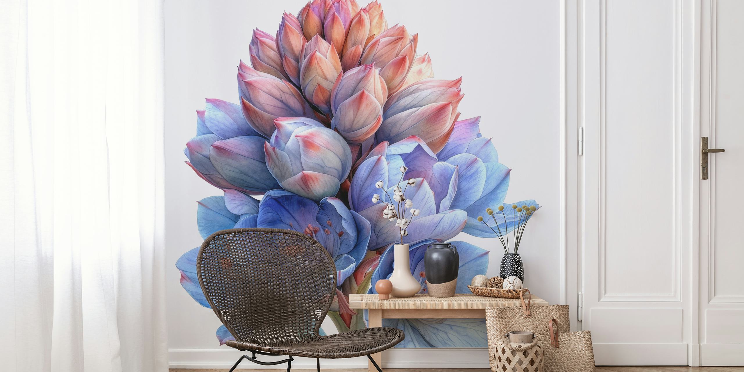 Yucca blooms in soft blue and pink hues, floral wallpaper