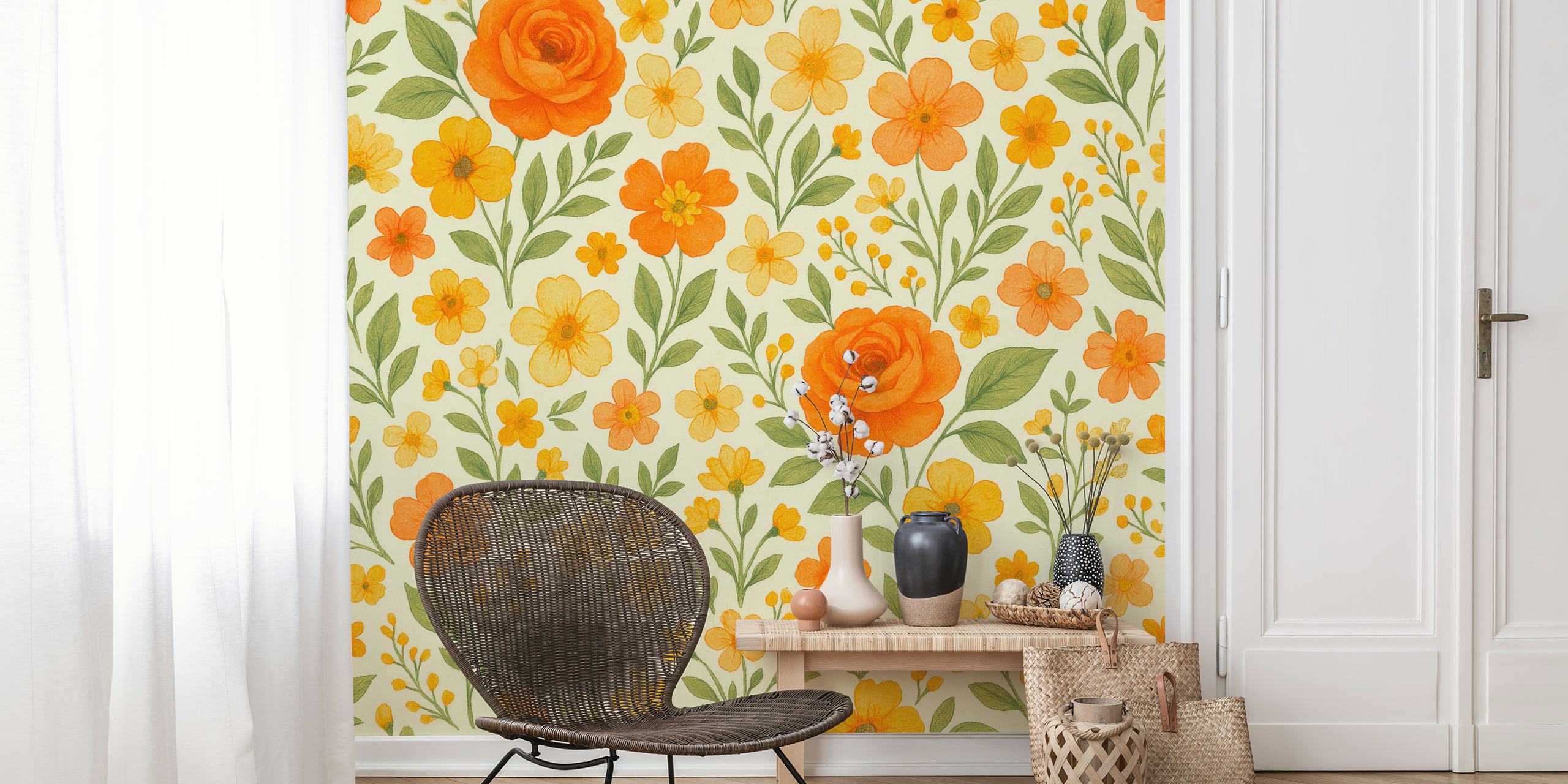 Orange rose and flower patterns on a light beige background wallpaper