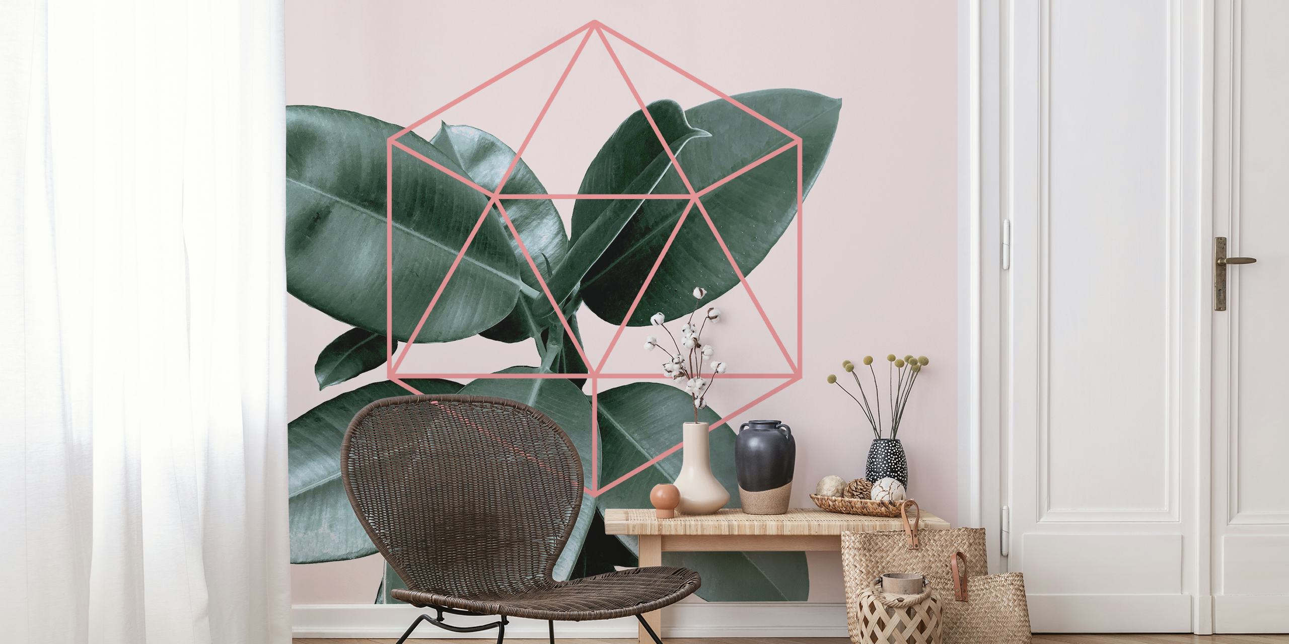 Geometric green lines over pink background with green leaves