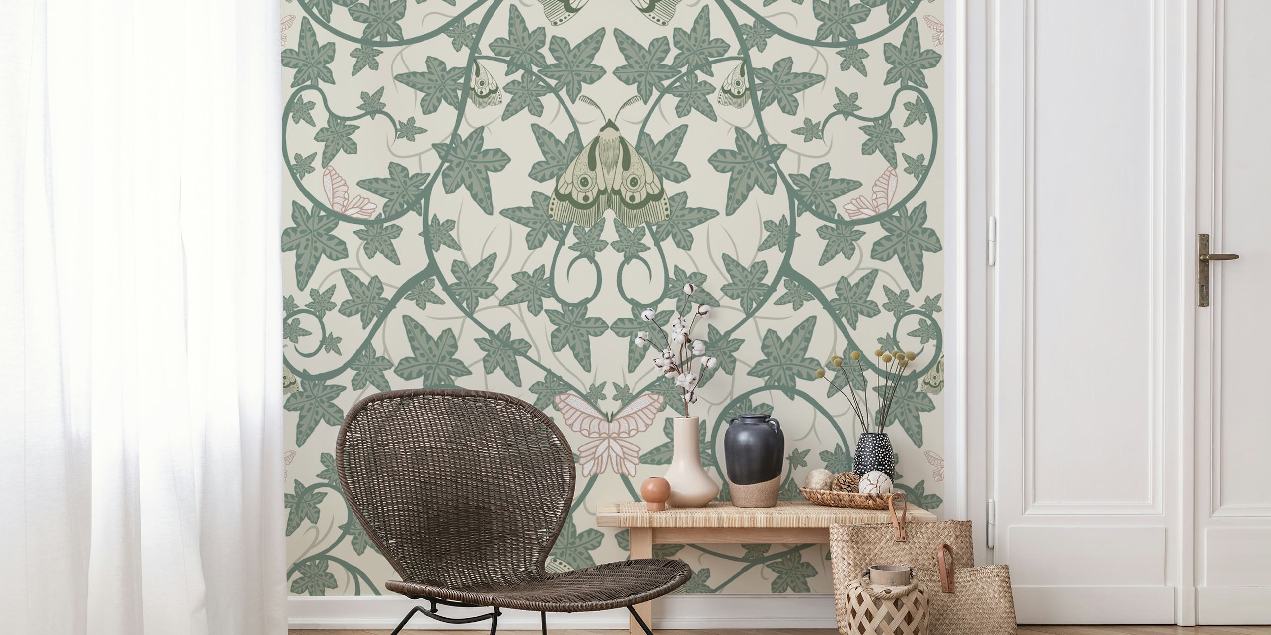 Botanical wallpaper with butterflies and leaves in green and soft pink