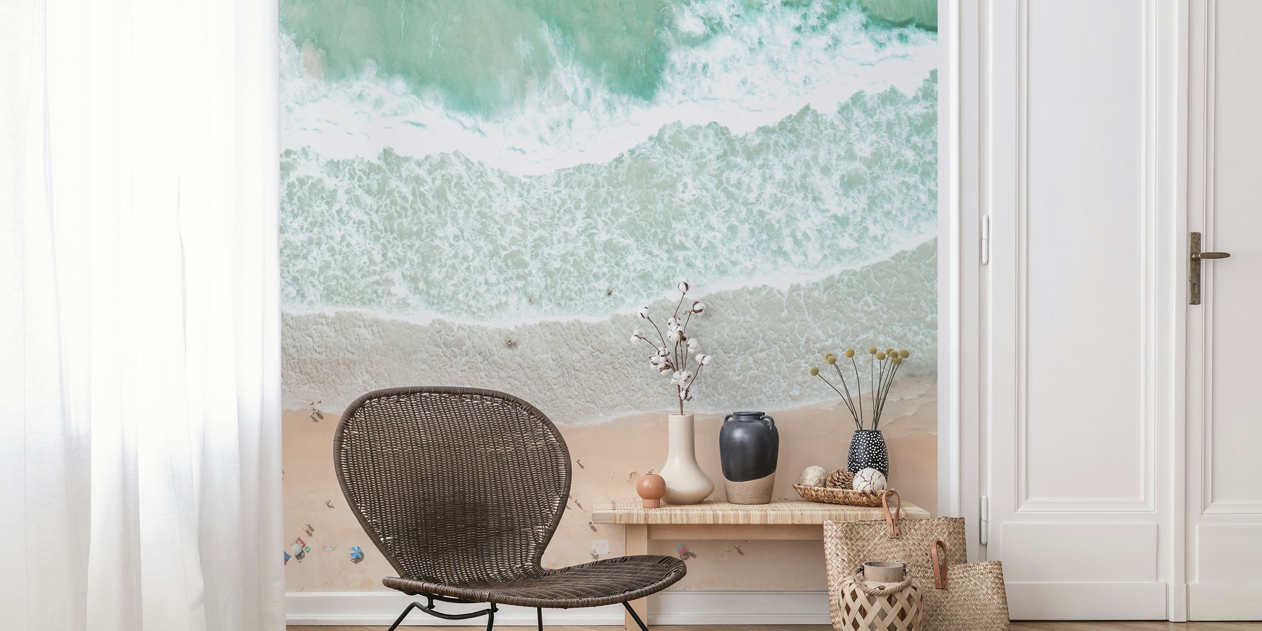 Aerial beach wallpaper affiché dans une pièce