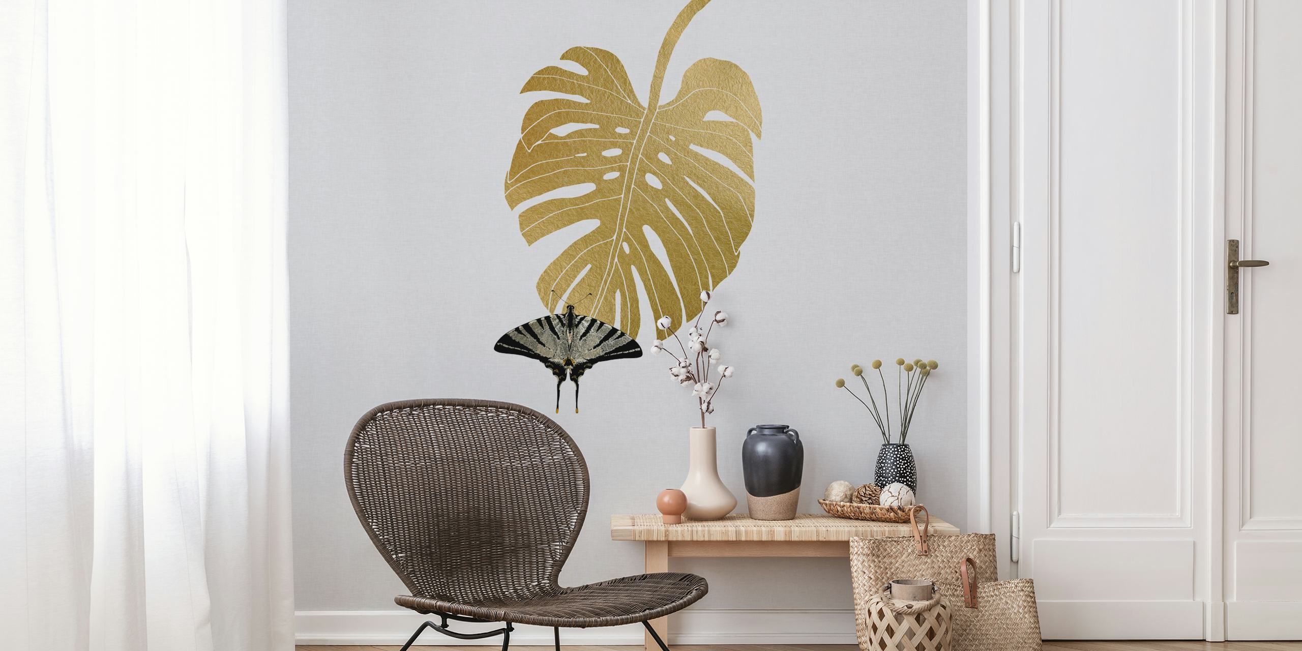 Butterfly and Monstera leaf mural in a room