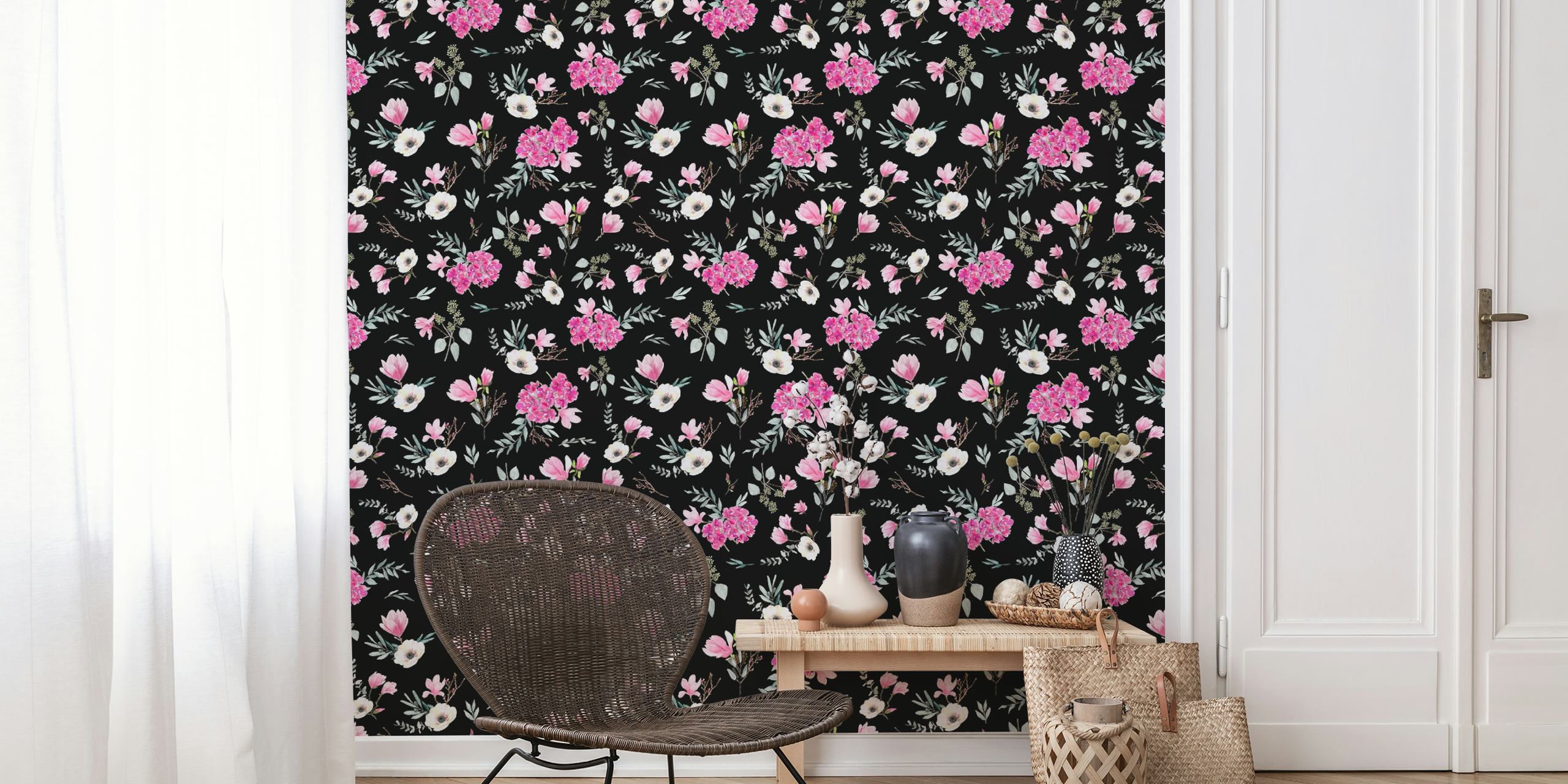Floral wallpaper in pink and black design