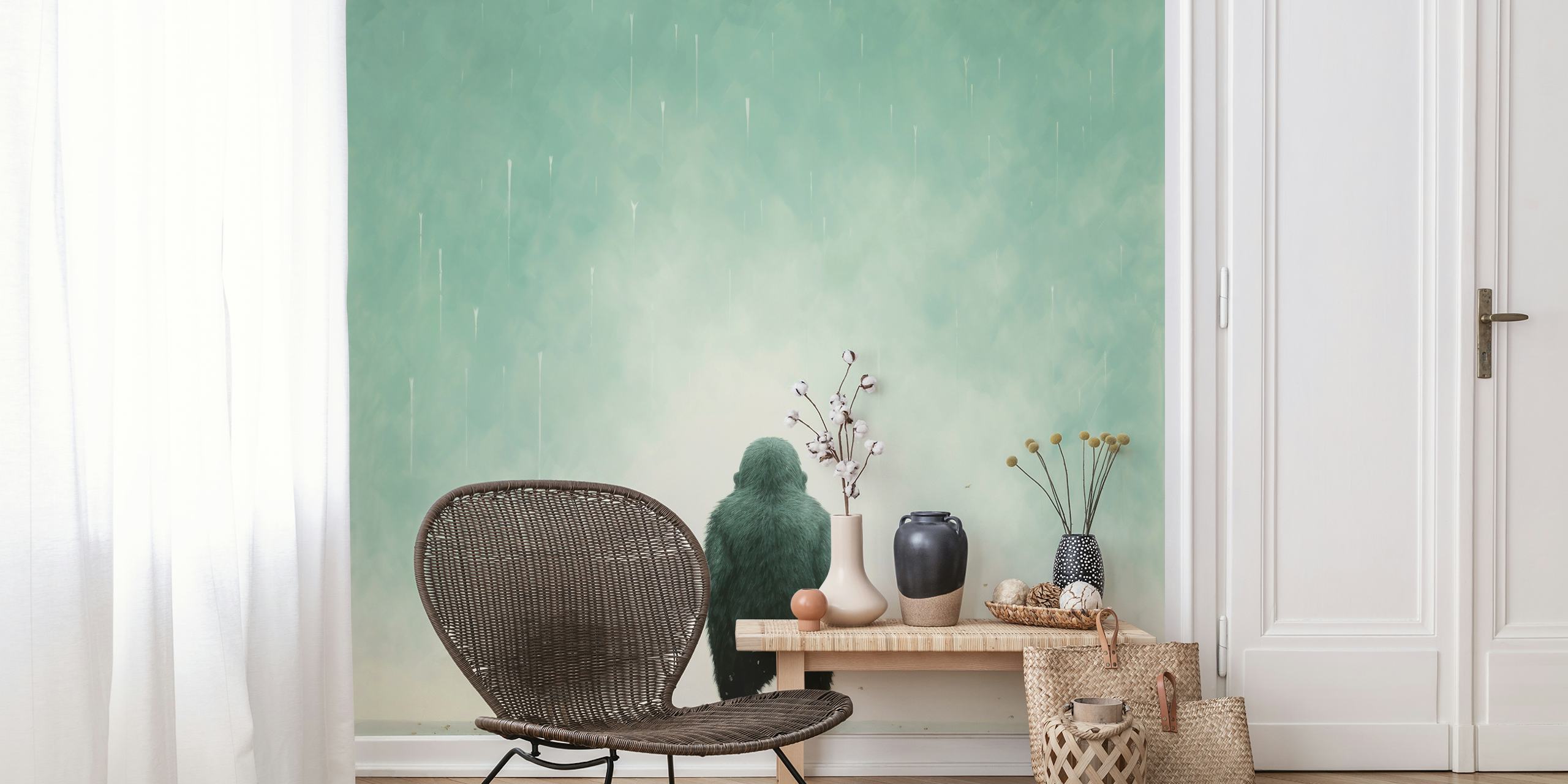 Child and gorilla silhouette against a soft teal background wallpaper