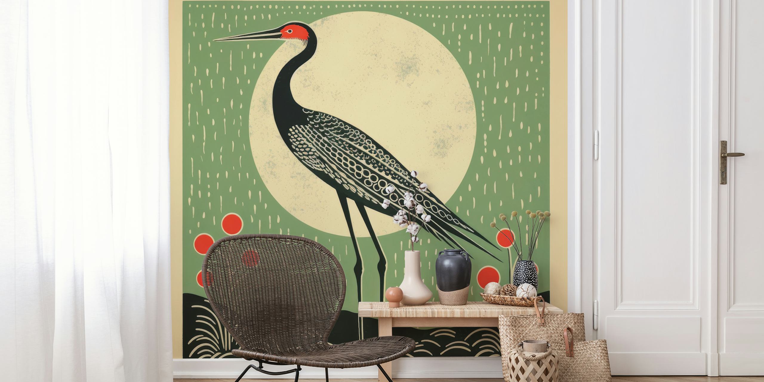 Crane bird with vibrant red accents against green background wallpaper