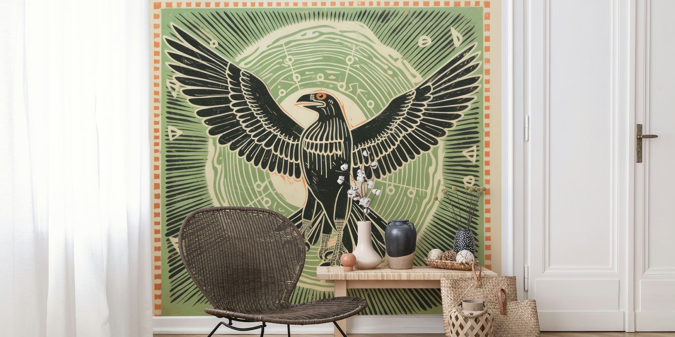 Papel de parede Folk Art Eagle exibido em um quarto