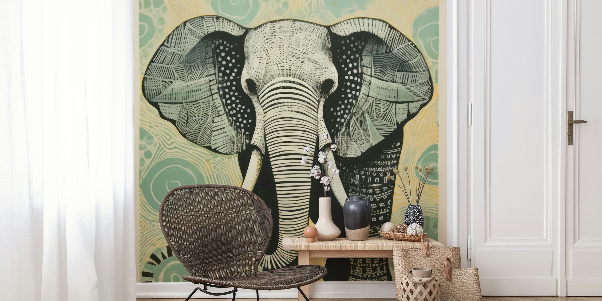 Folk Art Elephant wallpaper in a room setting