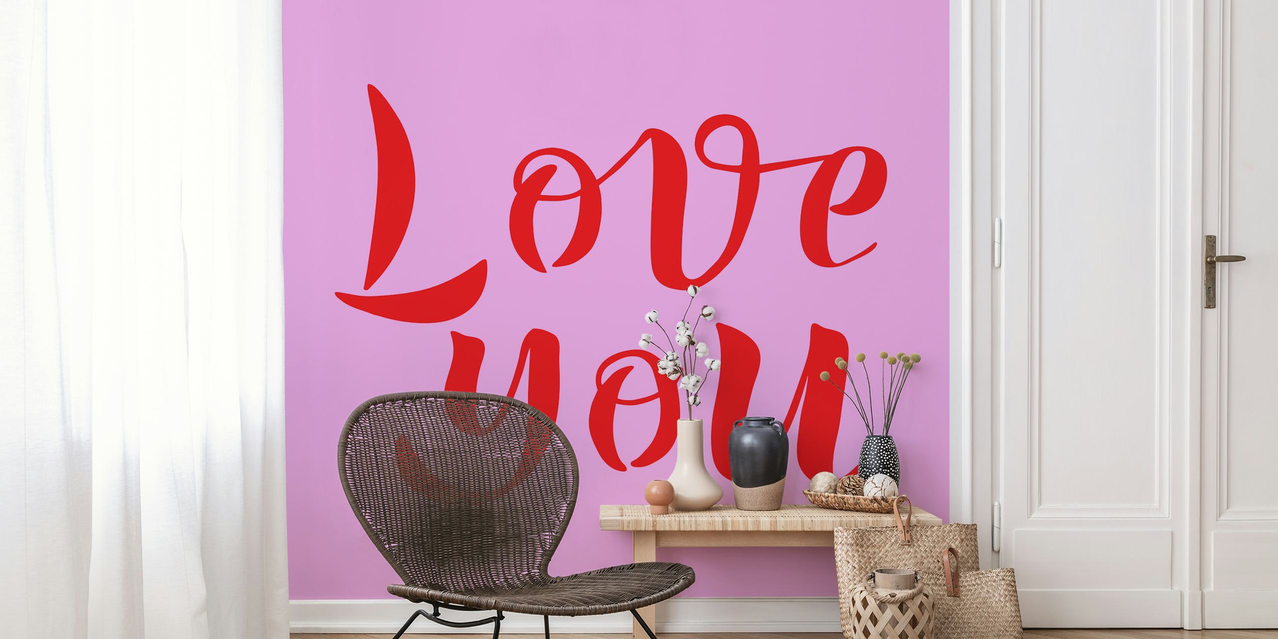 Bold red love handwriting wallpaper in a room