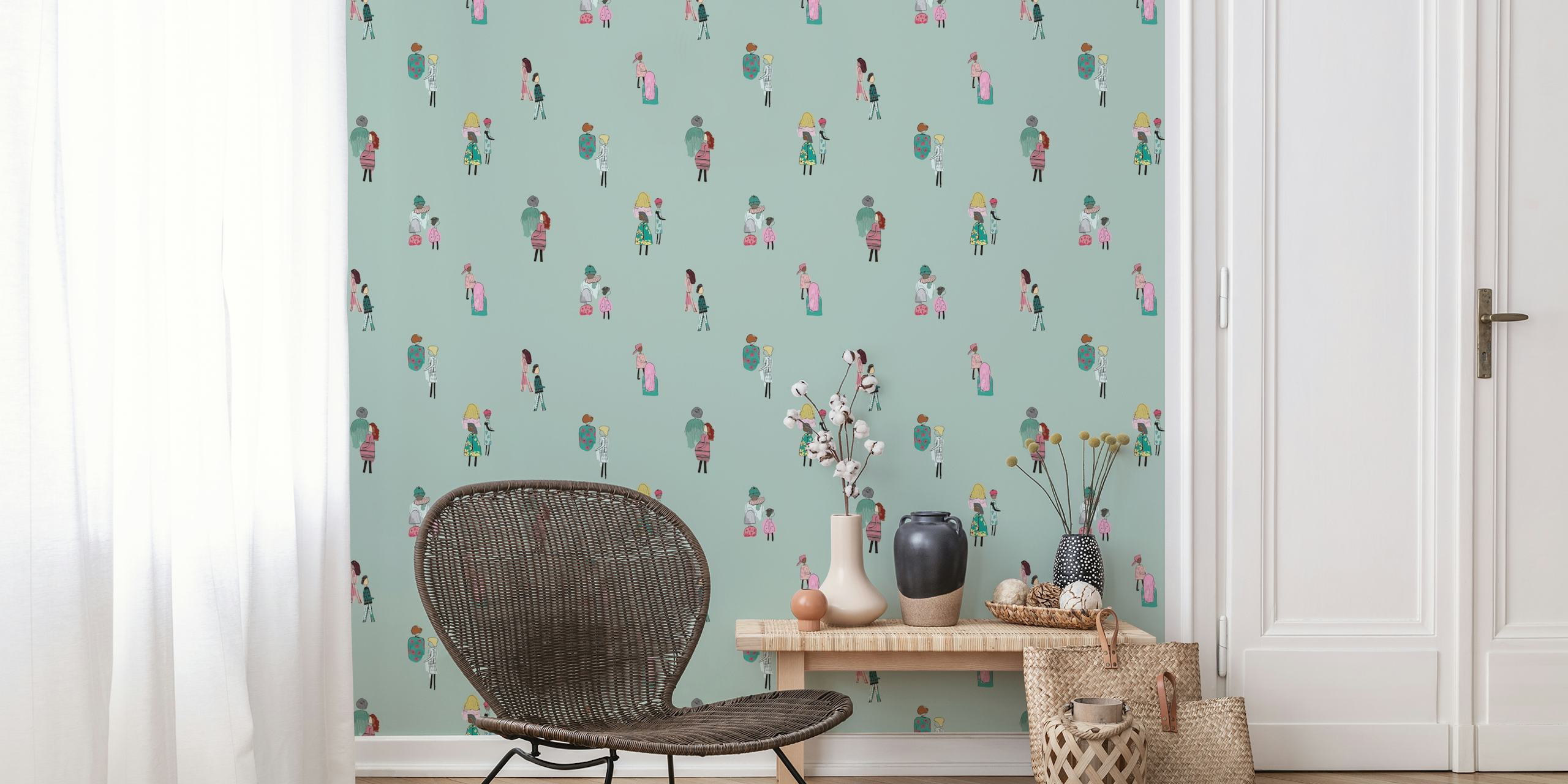 Mint green wallpaper featuring illustrated figures in stylish outfits