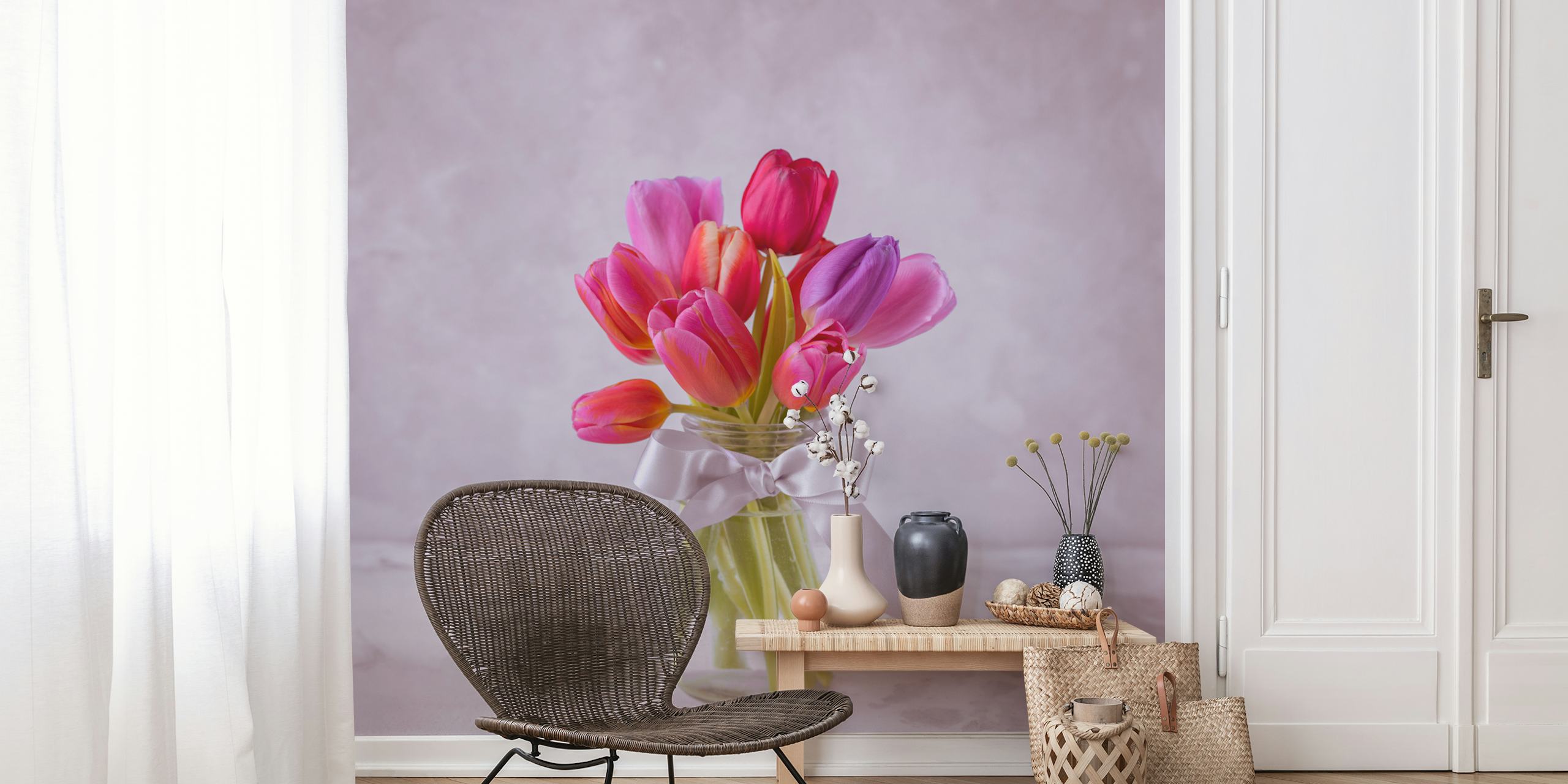 Charming tulip bouquet wallpaper in a room