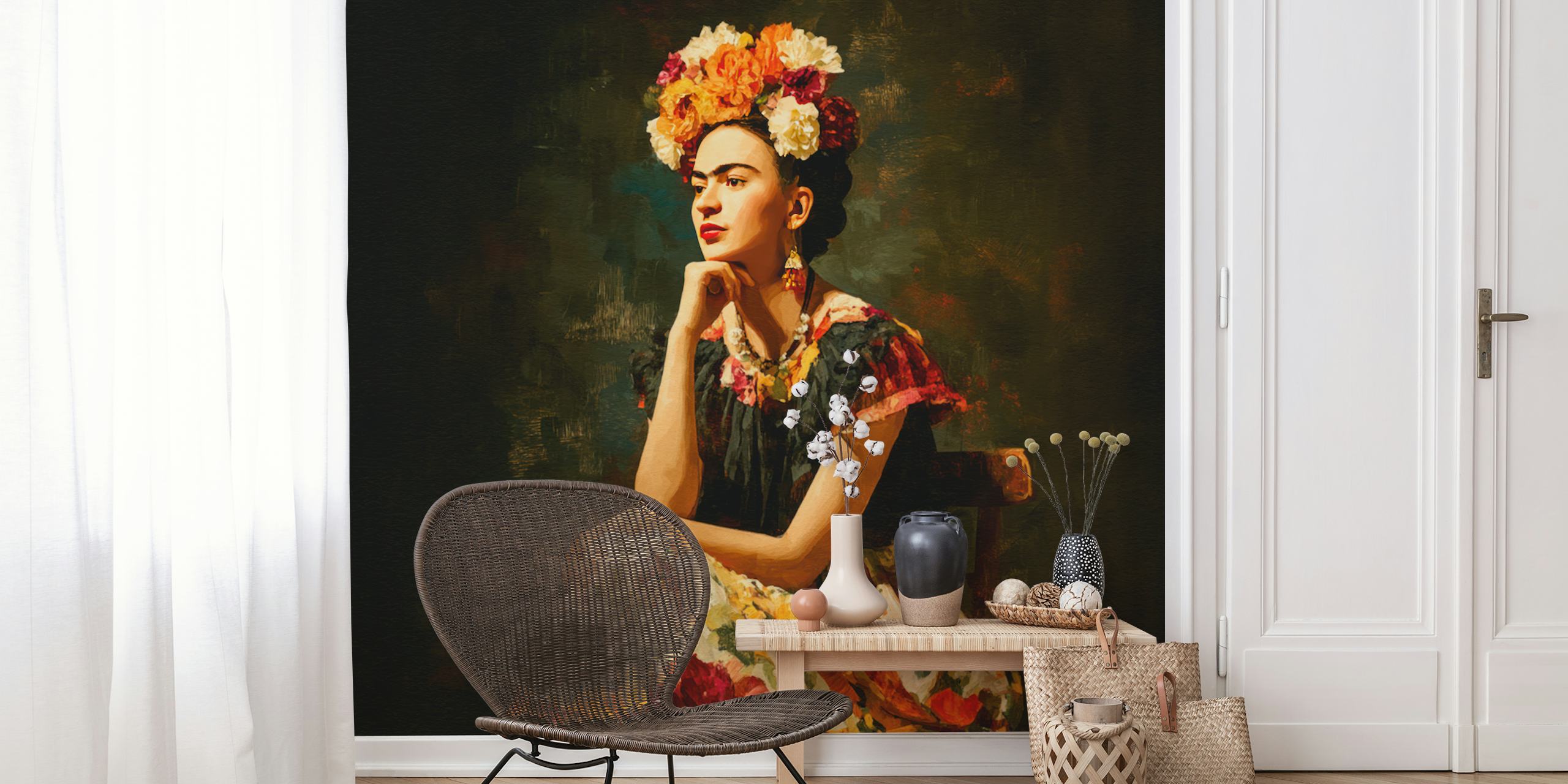 Floral portrait of a woman with vibrant flowers in hair and dress, artistic style wallpaper