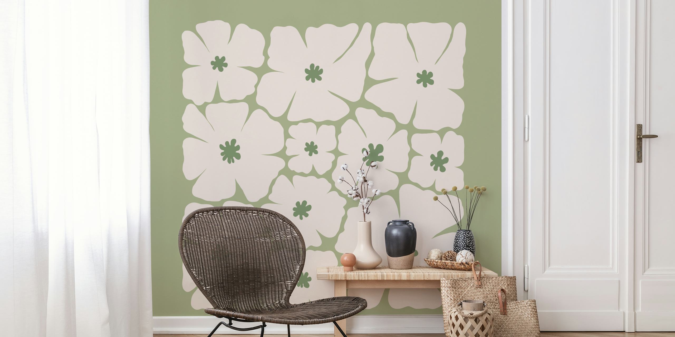 Ivory floral wallpaper on sage green background