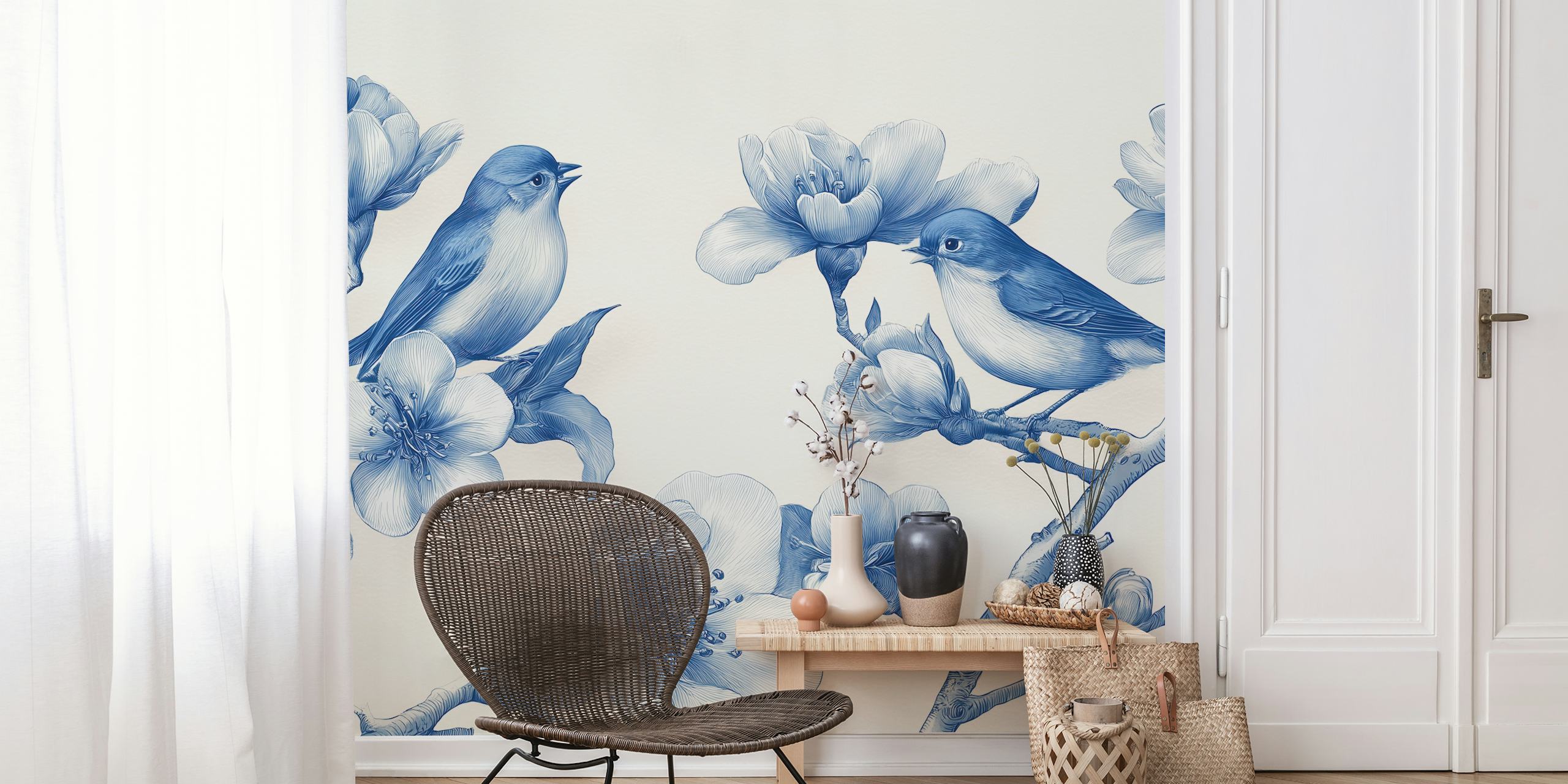 Blossoming Bluebird wallpaper design in a room
