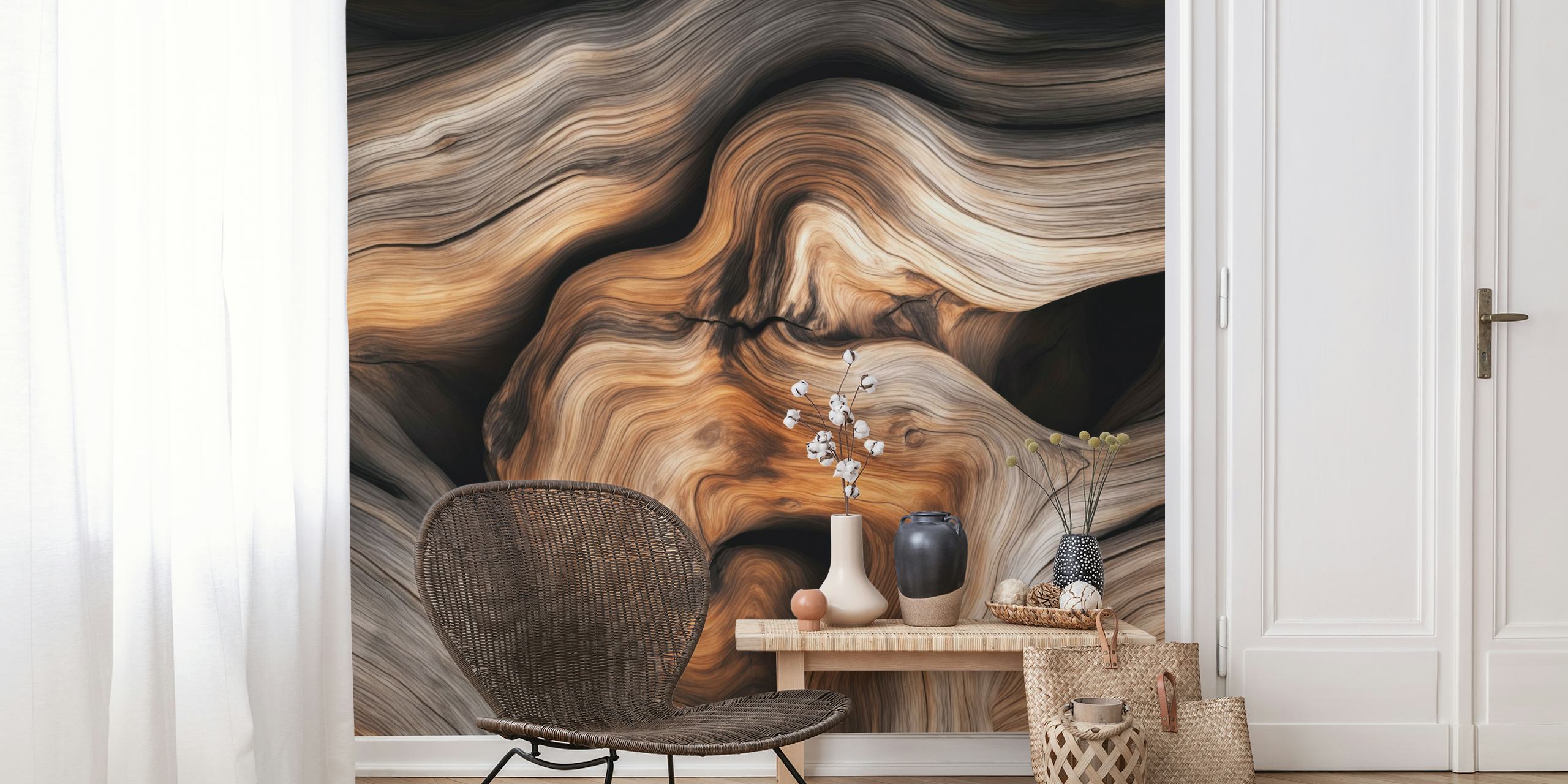 Cozy rustic woodland flow harmony wallpaper in a room