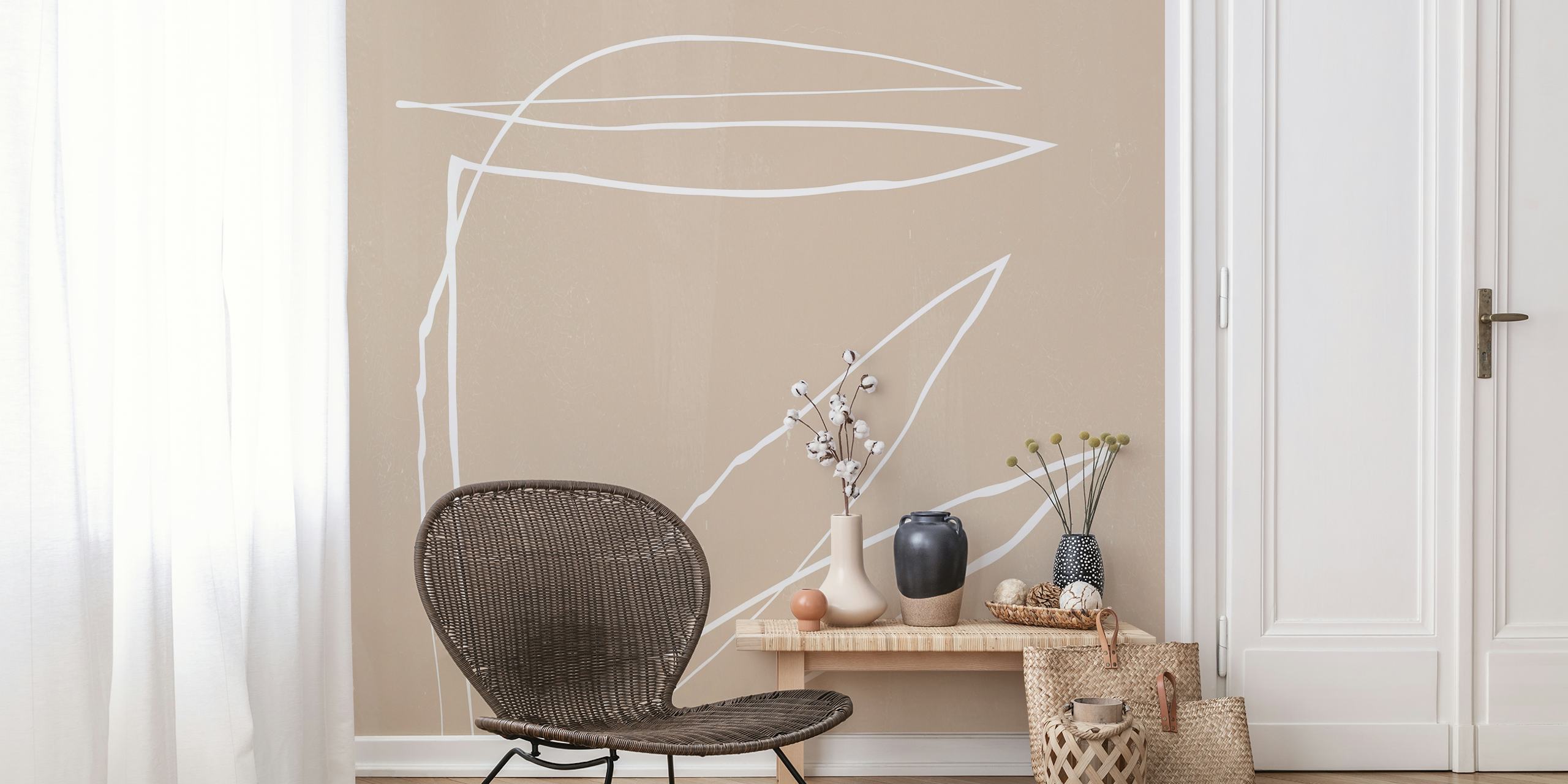 White line drawing of leaves on a beige background wallpaper