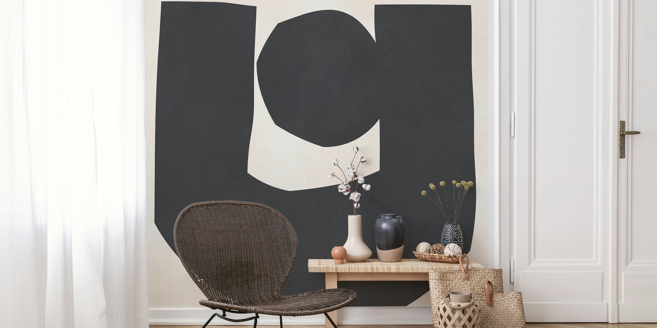Abstract geometric shapes in black on beige wallpaper