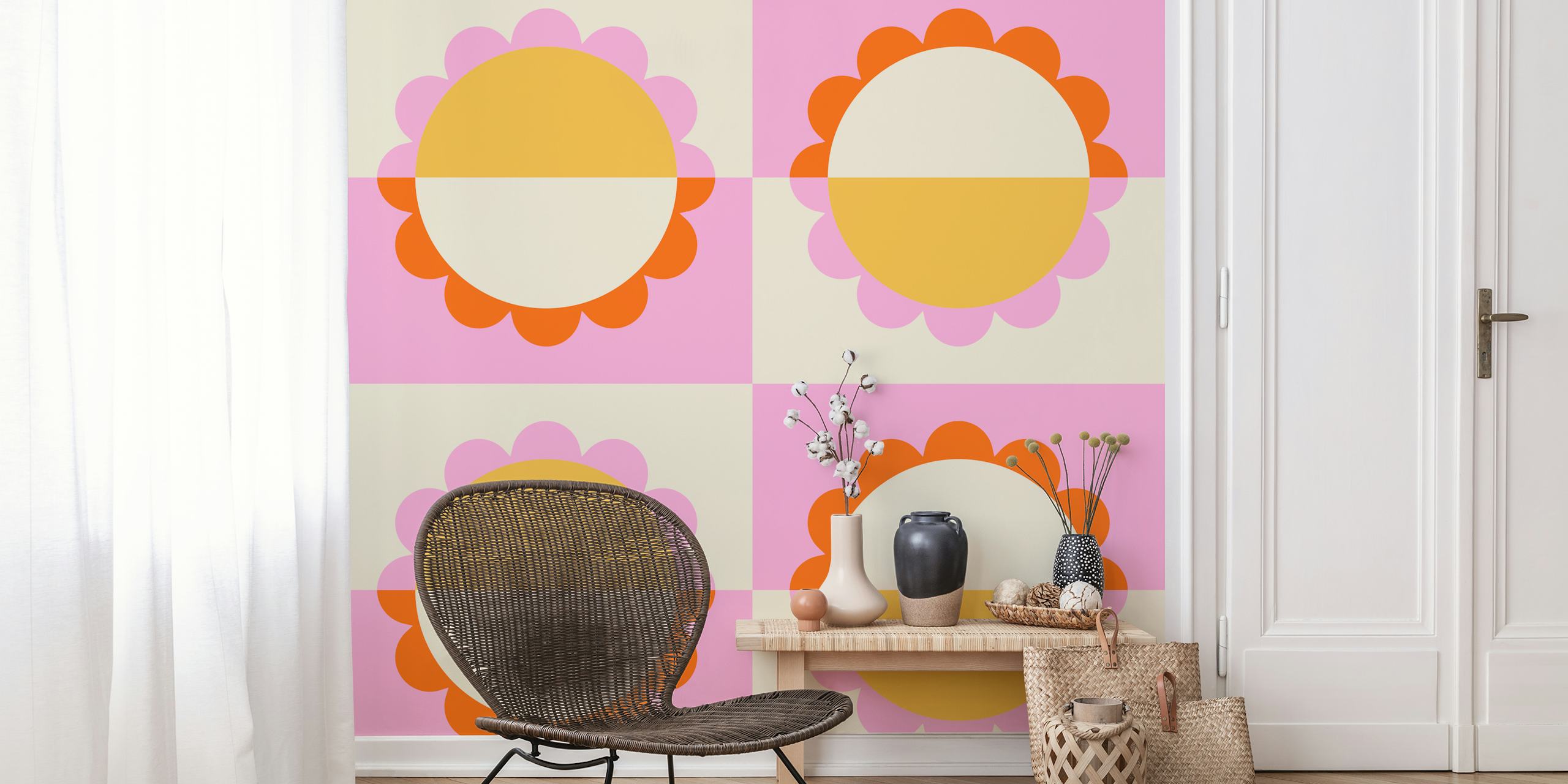 Geometric Sunset Flower Mural wallpaper in a room