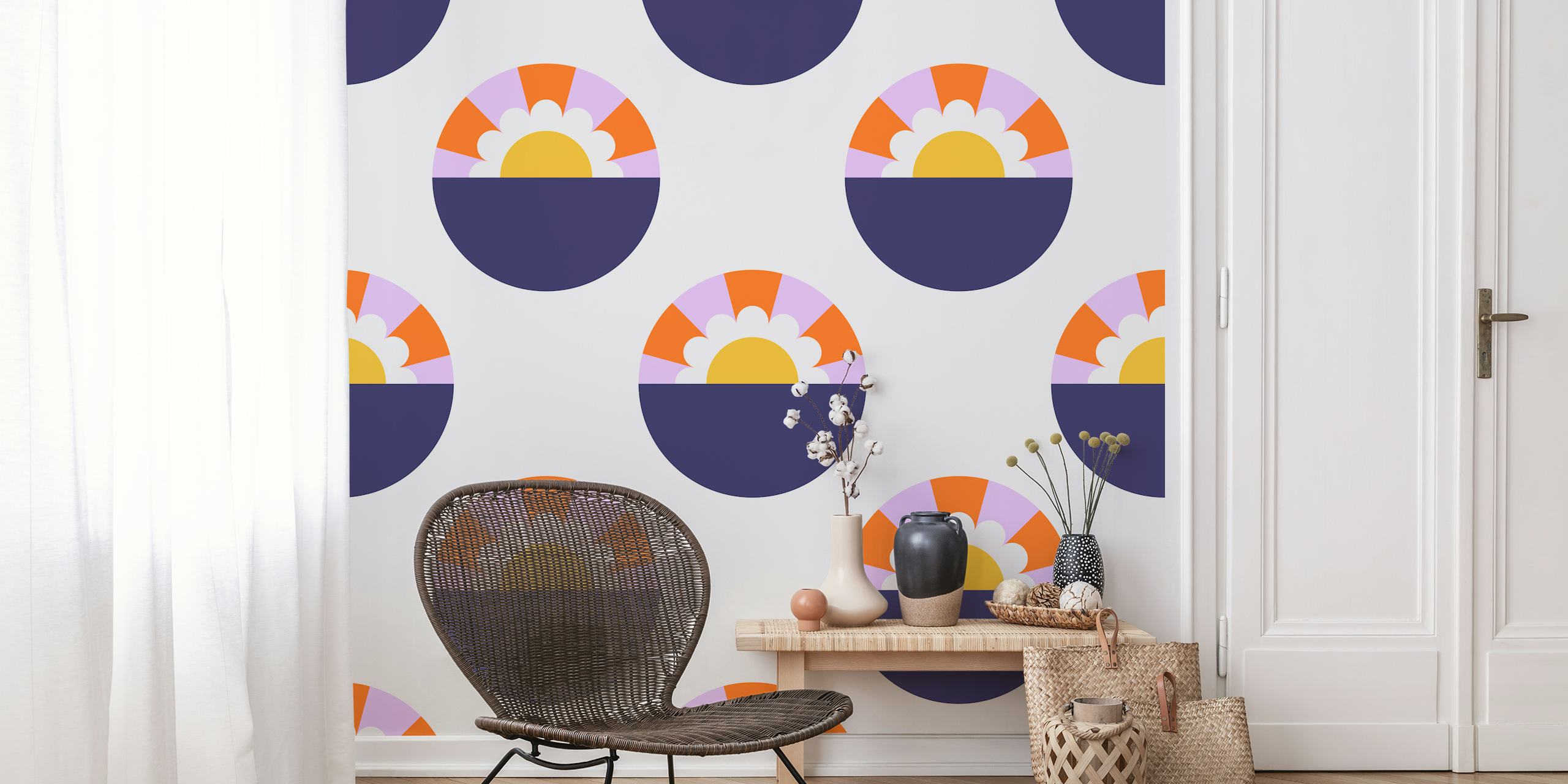 Round sunset floral patterns in orange, yellow, and purple on cream wallpaper