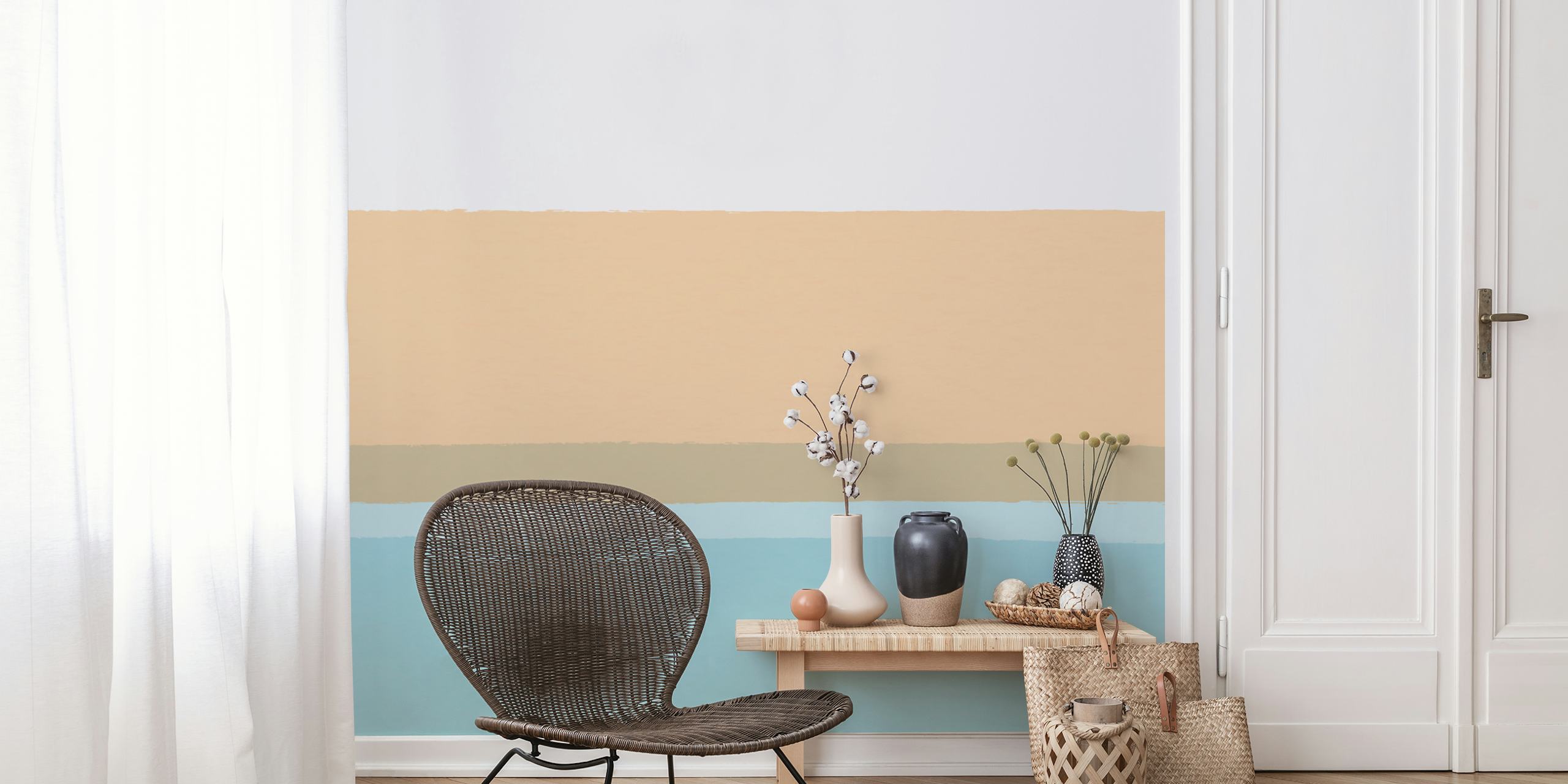 Calming coastal striped wallpaper in sand and blue tones