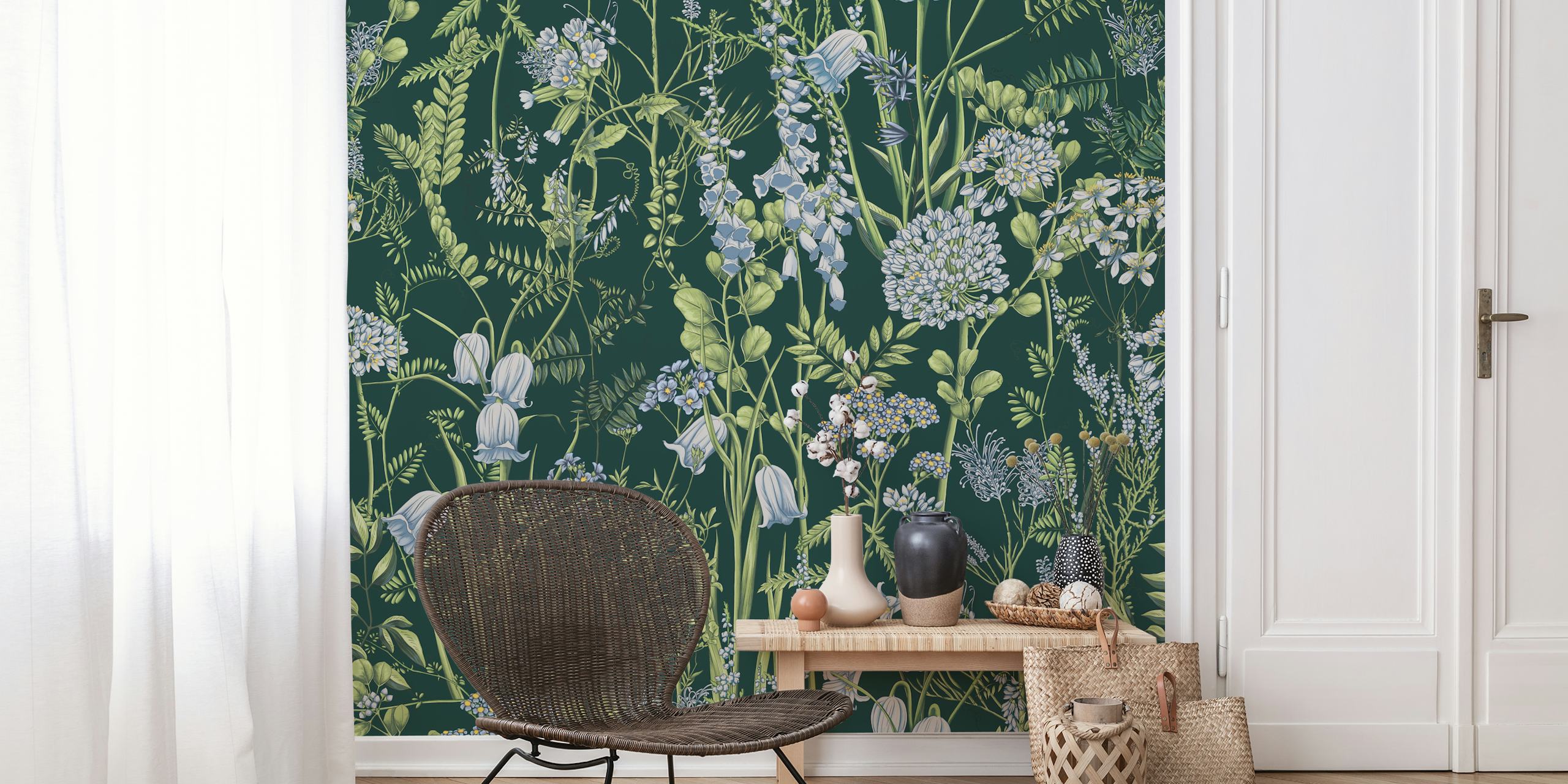 Botanical floral wallpaper with green background and white flowers, detailed foliage
