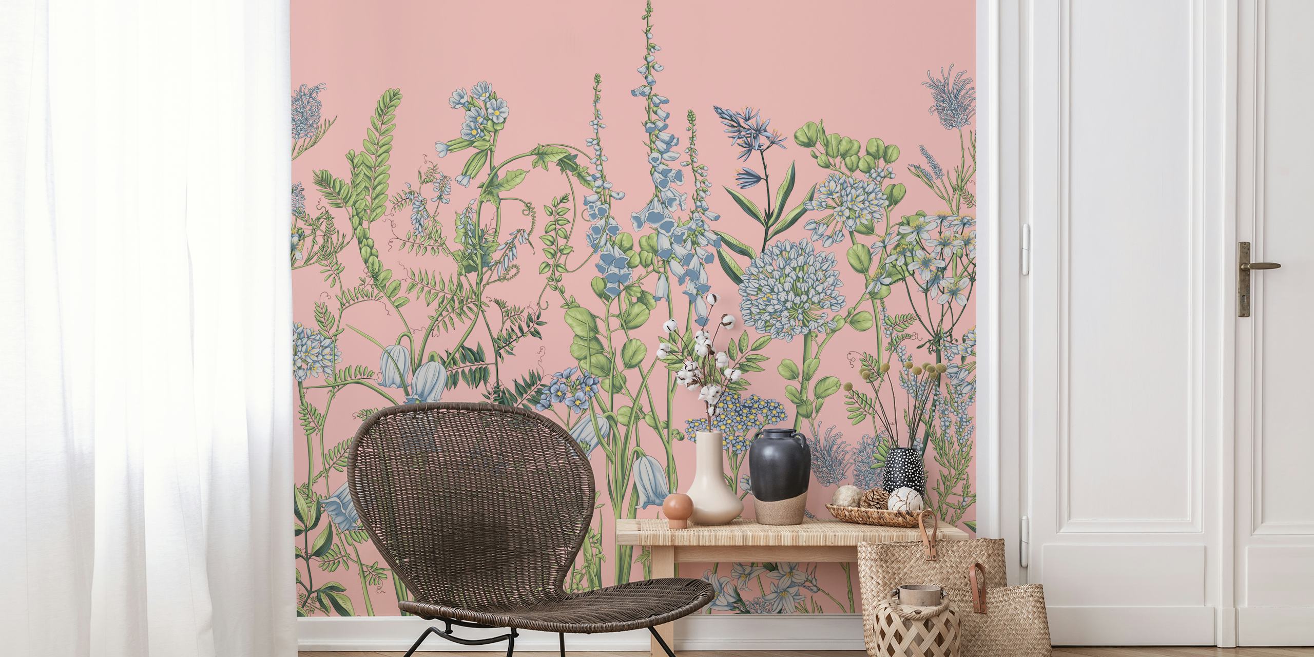 Colorful floral patterns on pink background wallpaper