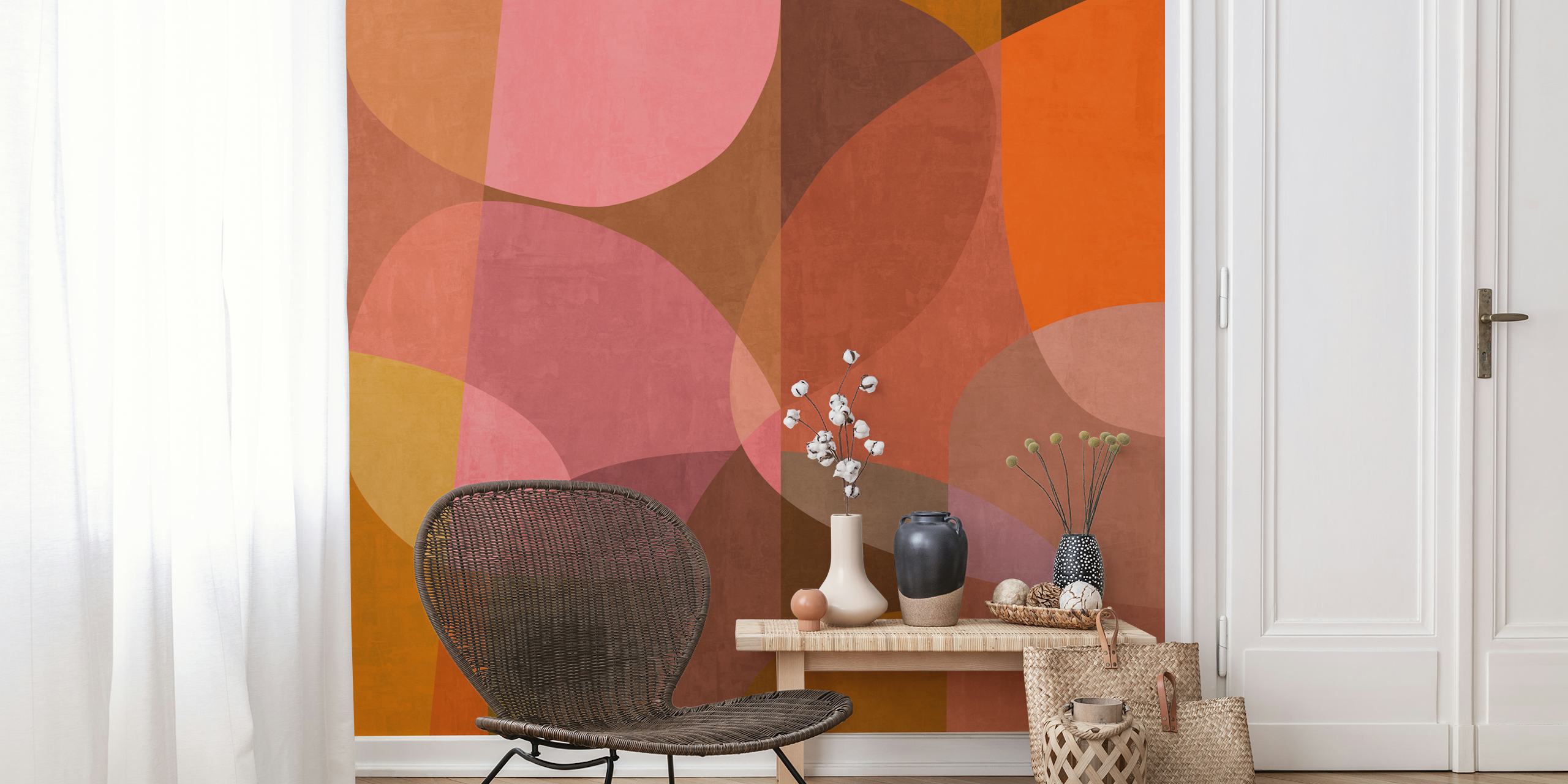 Abstract shapes in warm hues of orange, pink, and brown wallpaper