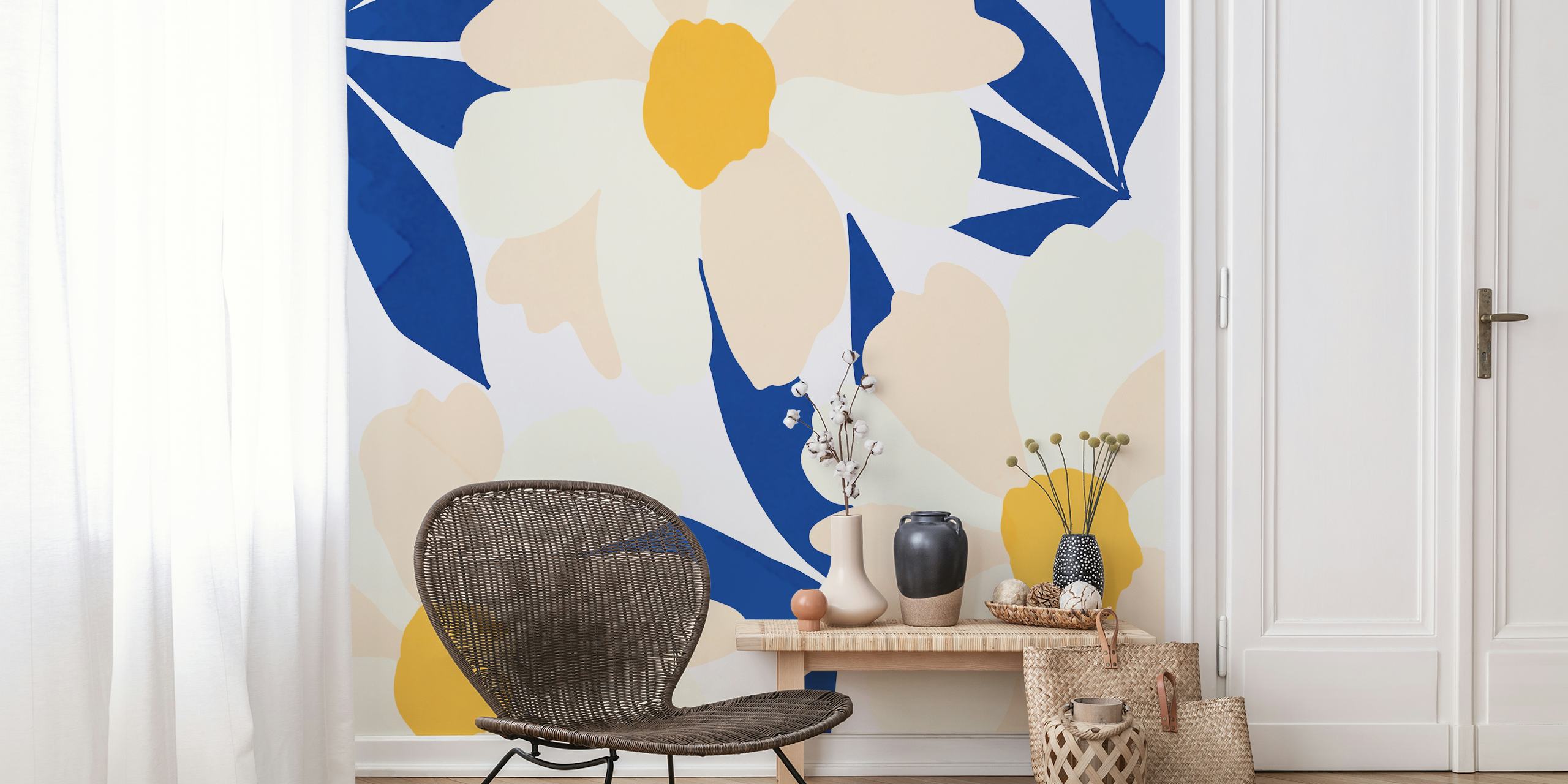 Large cream flowers with yellow centers and navy leaves wallpaper